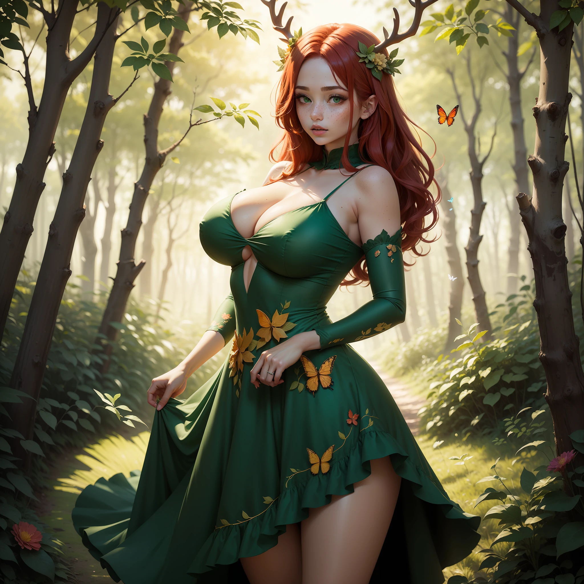 Women with Antlers and Bright Red hair wearing a Short green dress made of leaves and flowers with butterflies all around her and in her hair, she has lots of freckles. She has big boobs and is thicc. Posing in a woodland setting.