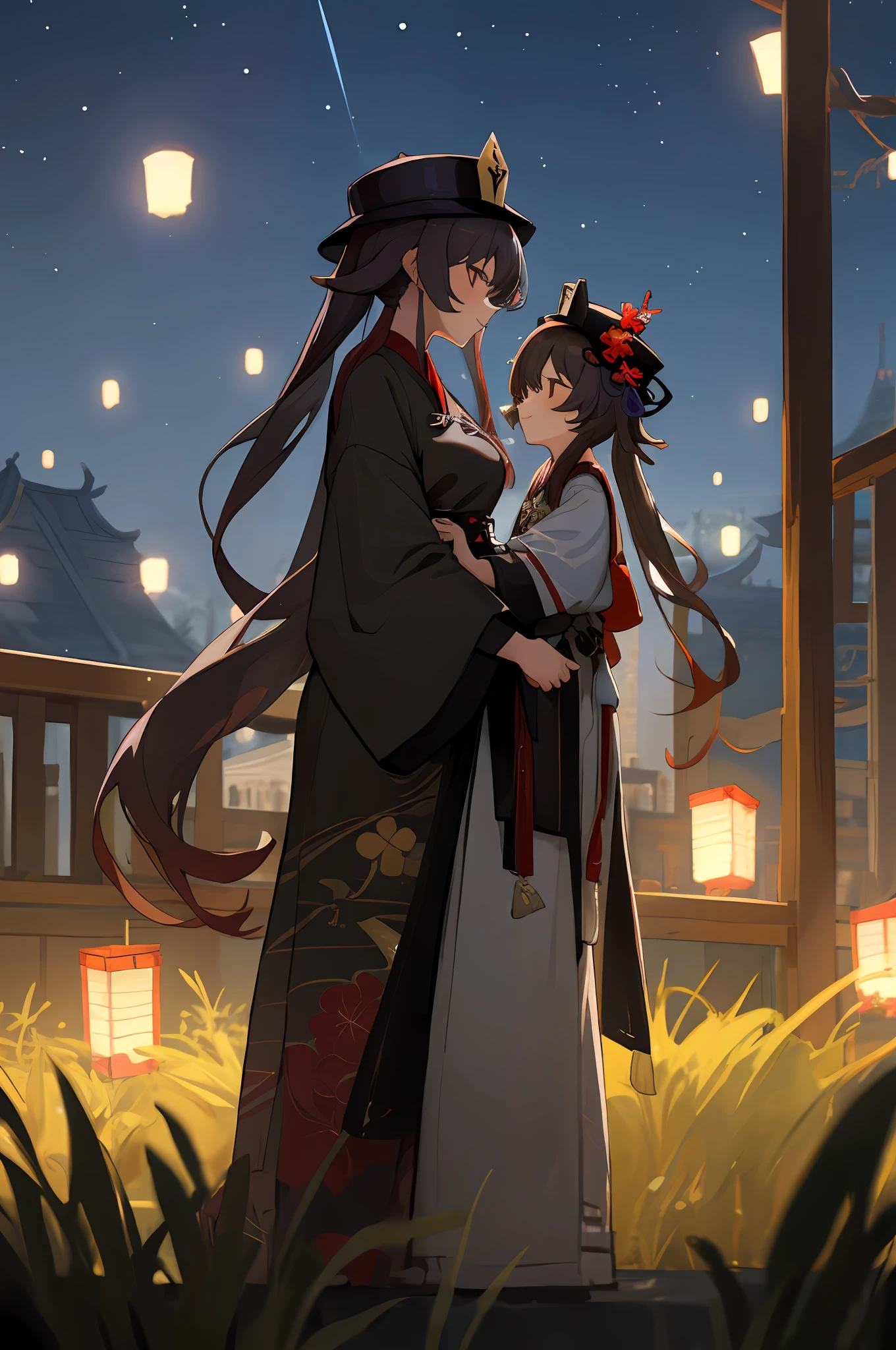anime image of two women dressed in traditional china clothing in a night full of stars, palace a girl in hanfu, wlop and sakimichan, hat hu tao, long hair, Twintail, black haired deity, characters from azur lane, anime fantasy illustration, from the azur lane videogame, genshin, artwork in the style of guweiz, hu tao detailed art, two beautiful anime girls, mother and child, symbol of maternal love, mother and child, such as photos of mother and child, mischievous smile, starry night background, Lanterns, the streets in the middle of town