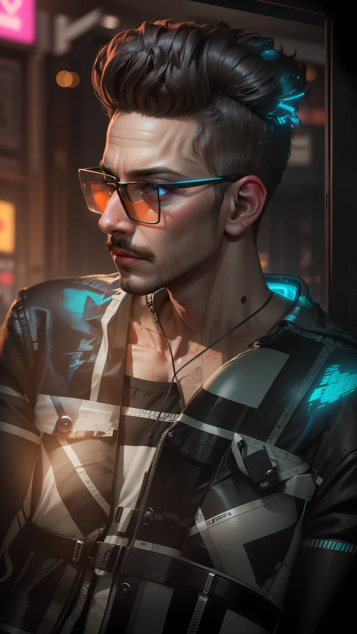 Face realistic, 8k ultra realistic HD quality, background cyberpunk neon light, little moustache,smart boy