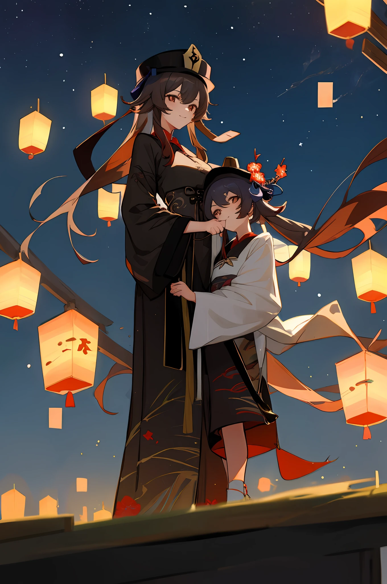 anime image of two women dressed in traditional china clothing in a night full of stars, palace a girl in hanfu, wlop and sakimichan, hat hu tao, long hair, Twintail, black haired deity, characters from azur lane, anime fantasy illustration, from the azur lane videogame, genshin, artwork in the style of guweiz, hu tao detailed art, two beautiful anime girls, mother and child, symbol of maternal love, mother and child, such as photos of mother and child, mischievous smile, starry night background, Lanterns, sat looking at the view of china town