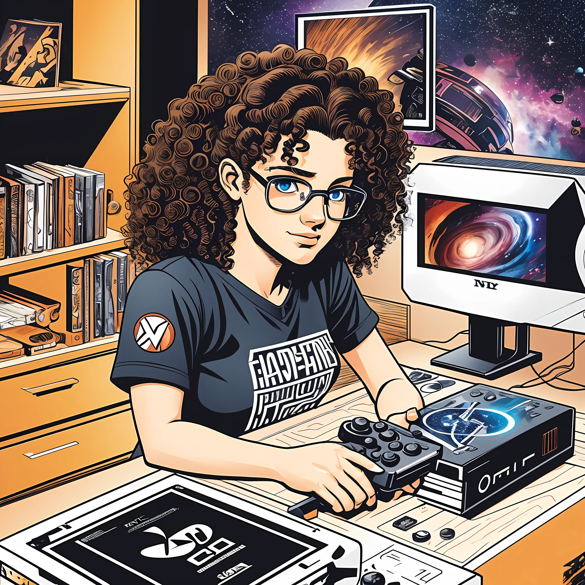 vector, graphic novel, woman with curly hair wearing nerdy clothes with detailed seductive eyes in a gamer room, with playstation controller in the middle of a galaxy --auto --s2