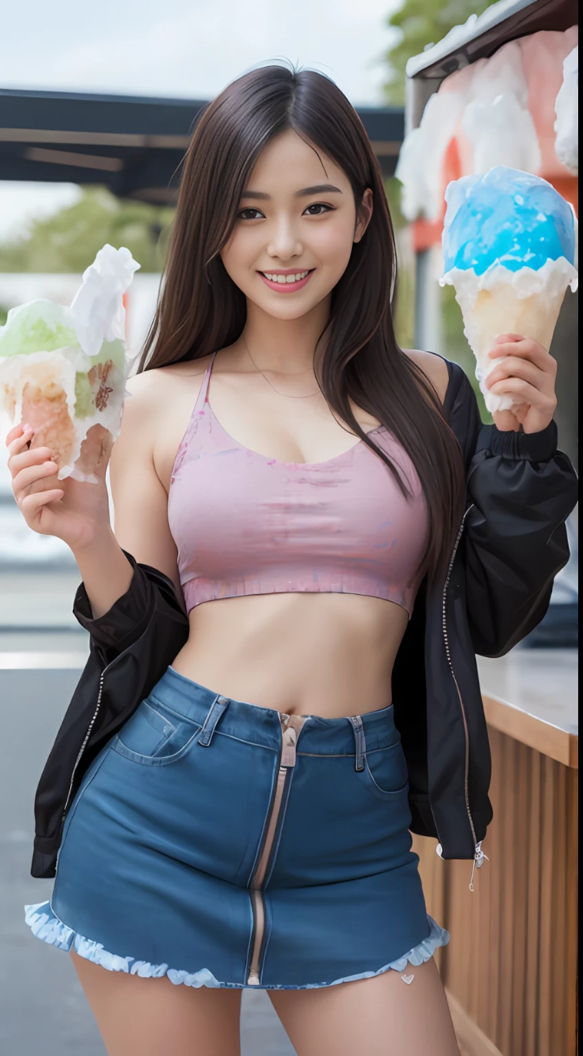 Round Face, (Summer Festival: 1.9), (Summer Festa: 1.9),Yashahime, Bikini, Flat Chest, Straight Long Hair, Bangs,(Look Away:0.7), (Makeup:-1),(Hand Shaved Ice:1.9), Neat Gal, (Short Height, Flat Chest:1.4), Camisole, Mesh (Tank Top:0.9), (Tube Top: 1.1), T-shirt, (Pleated Mini Skirt,Ruffles:1.2), Sneakers, Sandals, (Denim:0.9), (Shorts:0.9), Compression Shorts, (Track Jacket:1.1), (Windbreaker:1.1), (Jeans Jacket:1.1), (Unzip:1.2), Open Front, (Smile, Happy)