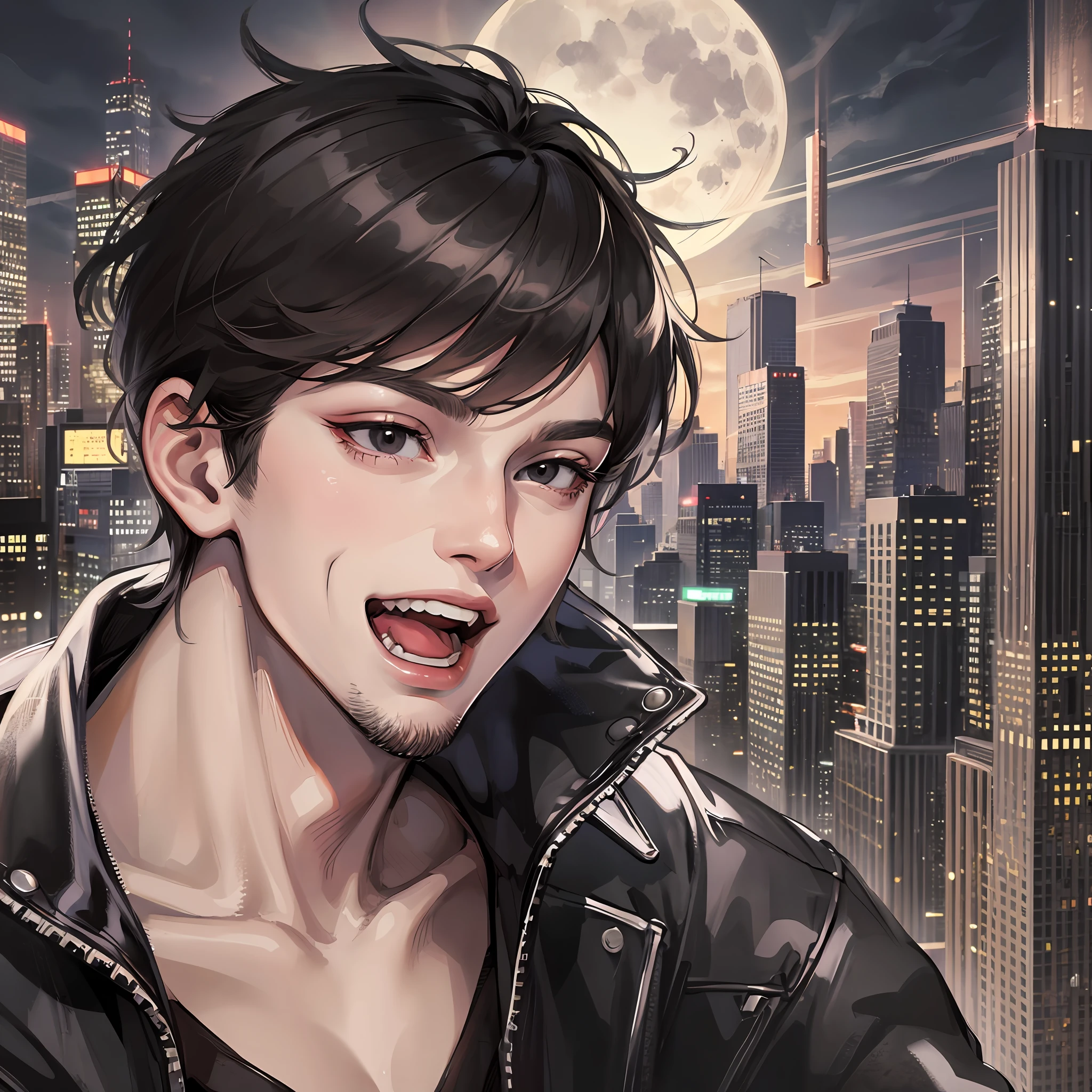 Mature male, handsome, lewd expression, toothy smile, open mouth, city night view, moonlight, doomsday, dark, short black hair, black eyes, masterpiece of best quality, 8k, very detailed, high quality, high resolution