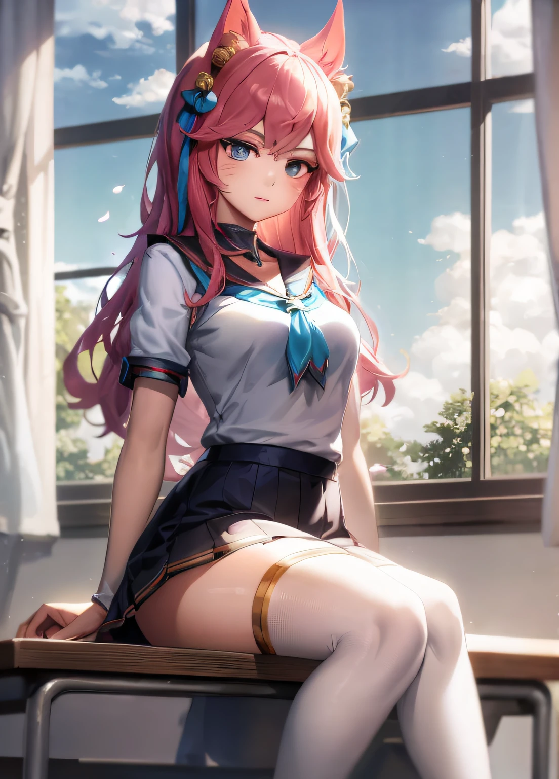 Anime girl sitting at desk with cat ears on her head, fascinating anime girl, beautiful anime school girl, soft anime CG art, beautiful anime girl, young anime girl, anime girl, anime girl, anime girl, charming anime girl, 8K high quality detail art, nightcore, 4K anime wallpaper, anime waifu, anime wallpaper 4K, pretty anime girl, League of legends, Ahri