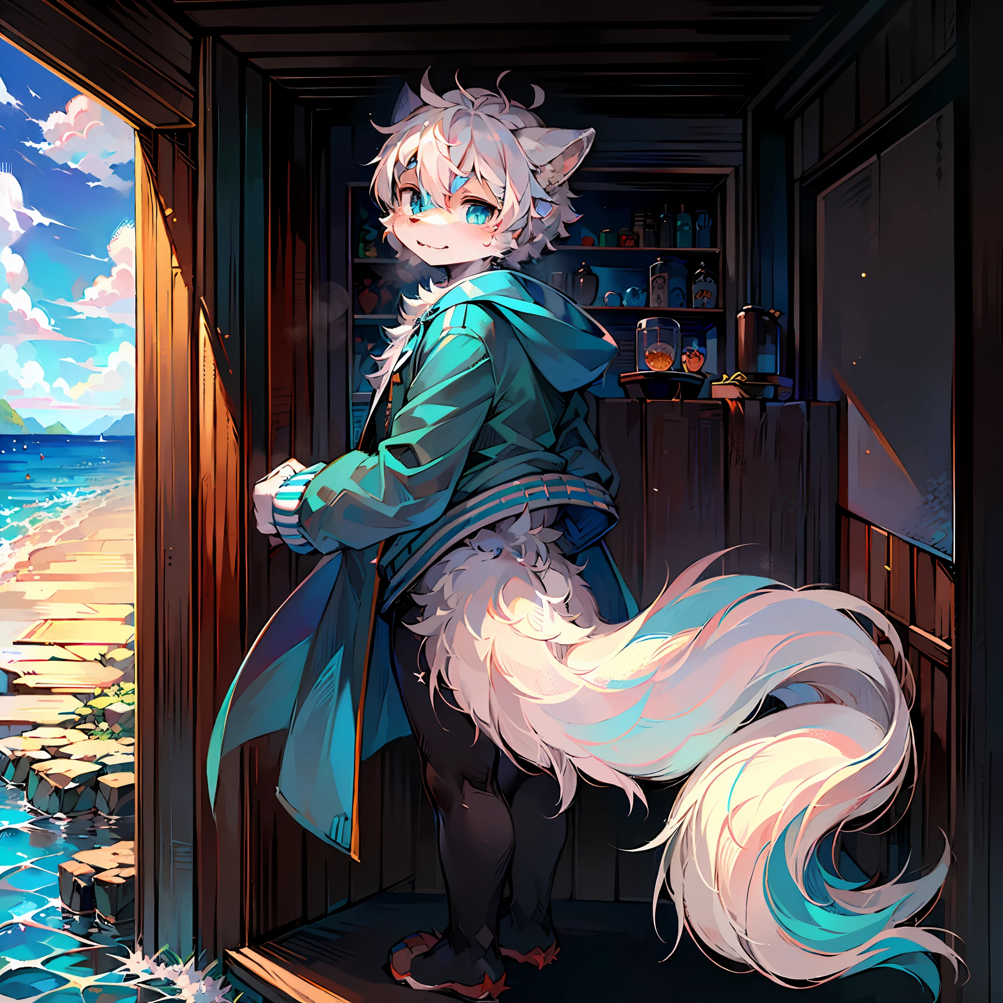 (Bright environment: 0.8), masterpiece, high quality)res, digital painting\(artwork\), by dagasi, yupa, kiyosan, (anthro, fluffy fur, character focus: 1.1), anthro male cat, short hair, portrait, bright eyes, Panorama, character focus. (detailed background: 0.7), solo, furry, furry male, male focus, anthr, (full body fur, fluffy tail, white fur, blue eyes, white hair, white wolf ears, white face, white body hair: 1.2), (long canine, wolf), (wearing blue and white jacket: 1.1) (sea background, standing on the sea: 1.1)
