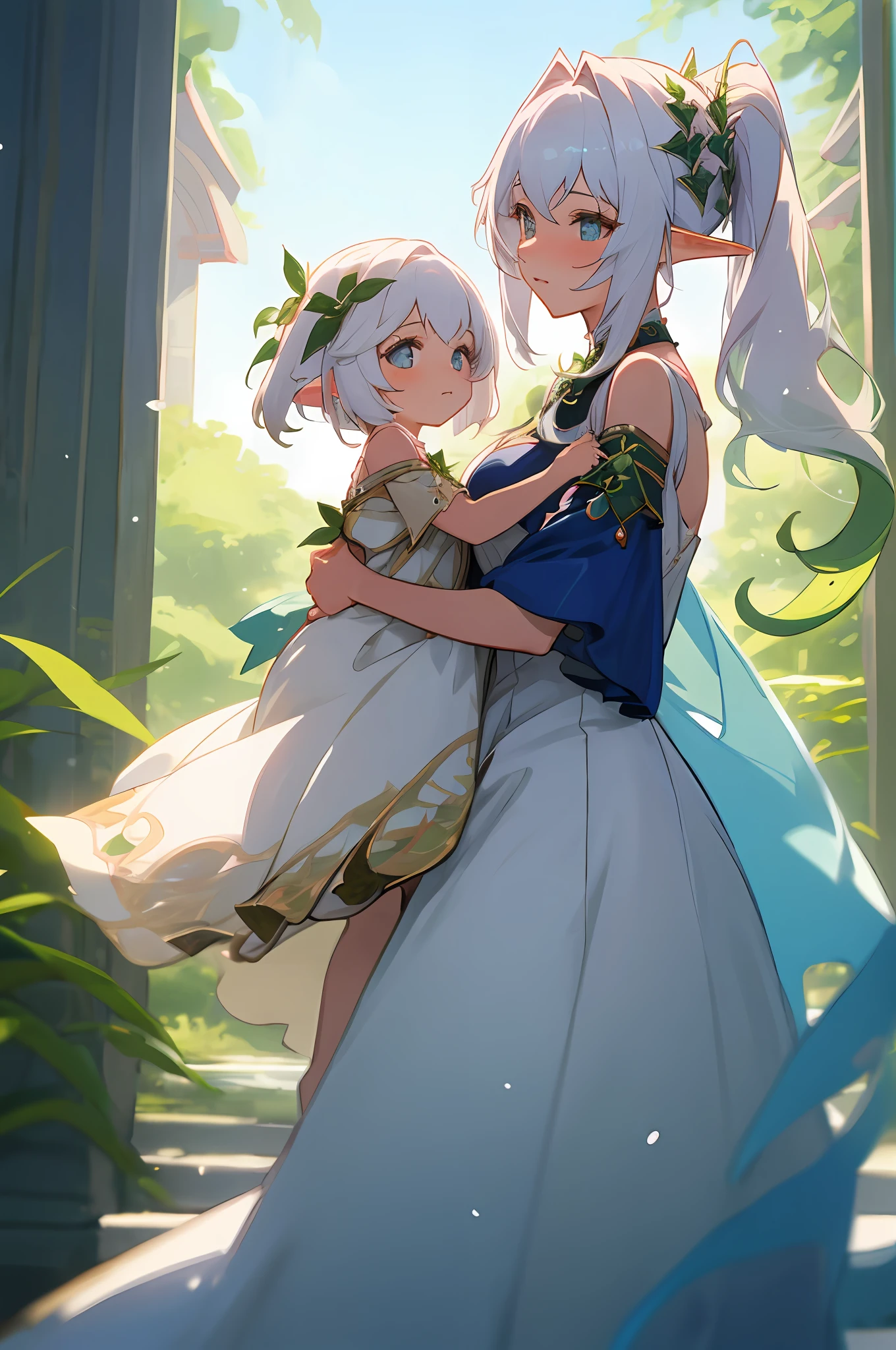 anime image of two women dressed in dress posing for a picture like princess clothing in summer, beautiful decoration on dress, palace a girl in palace,long hair, white haired , anime fantasy illustration, from the azur lane videogame, genshin, Royal Princess rukkhadevata detailed art, two beautiful anime girls, mother and child, symbol of maternal love, mother and child, such as photos of mother and child, Embarrassed, royal castle, elf, long ears