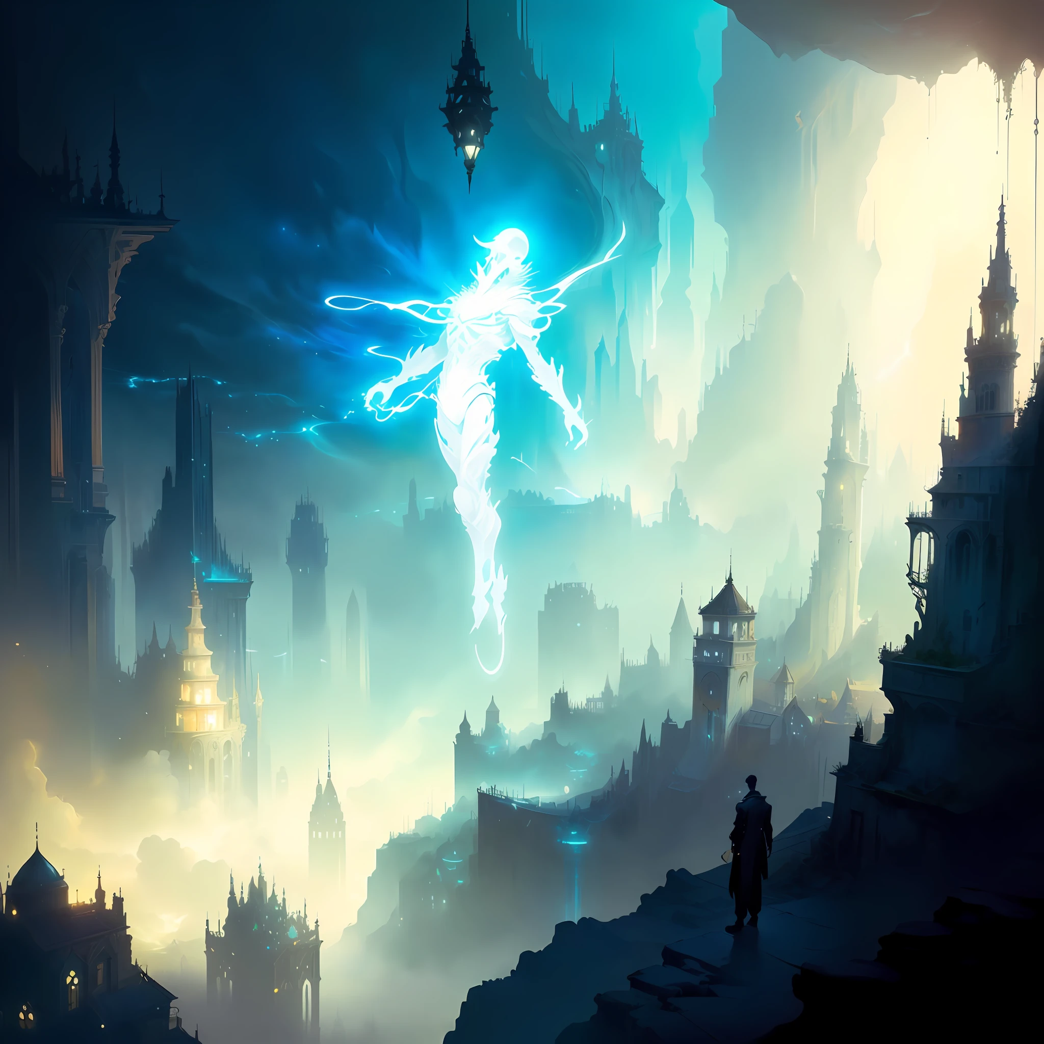 anime - style artwork of a man floating in a city, luminescent concept art, magical concept art, concept art magical highlight, peter mohrbacher. unreal engine, moebius + loish + wlop, peter mohrbacher style, concept art stunning atmosphere, magical fantasy 2 d concept art, high quality digital concept art, mystical sci-fi concept art, dreamlike, different dimension, scary, beautiful, amazing, terrifying.