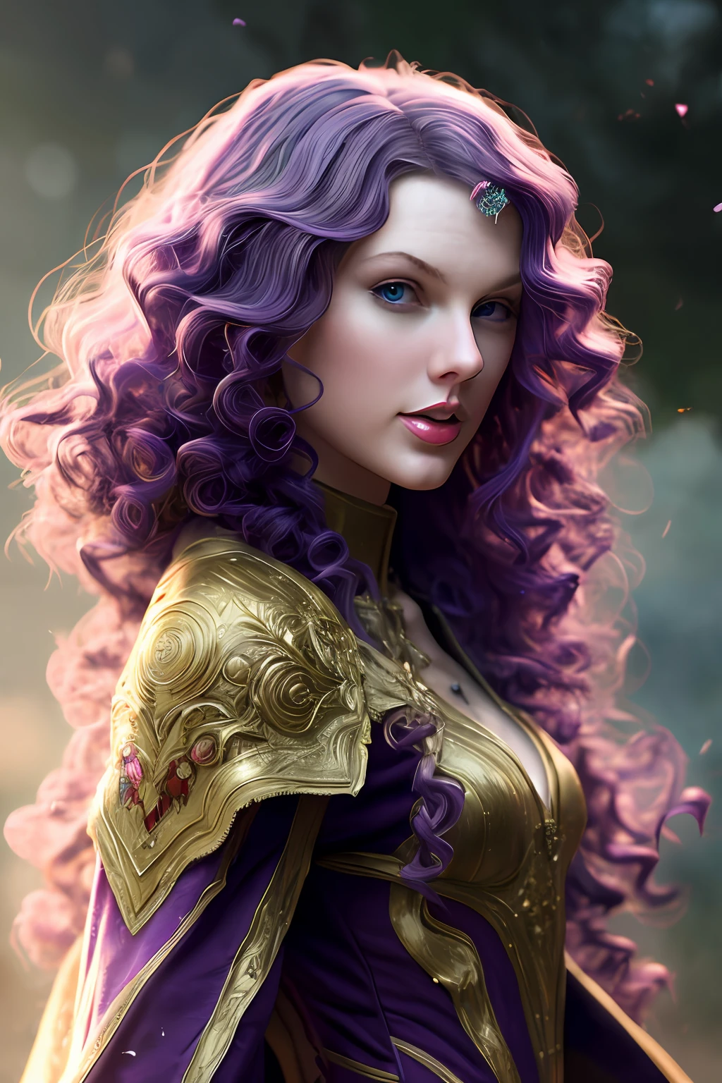Taylor Swift, realistic, detailed, photography, purple dress, violet, speak now, dancing, long hair, blonde, curly, curly