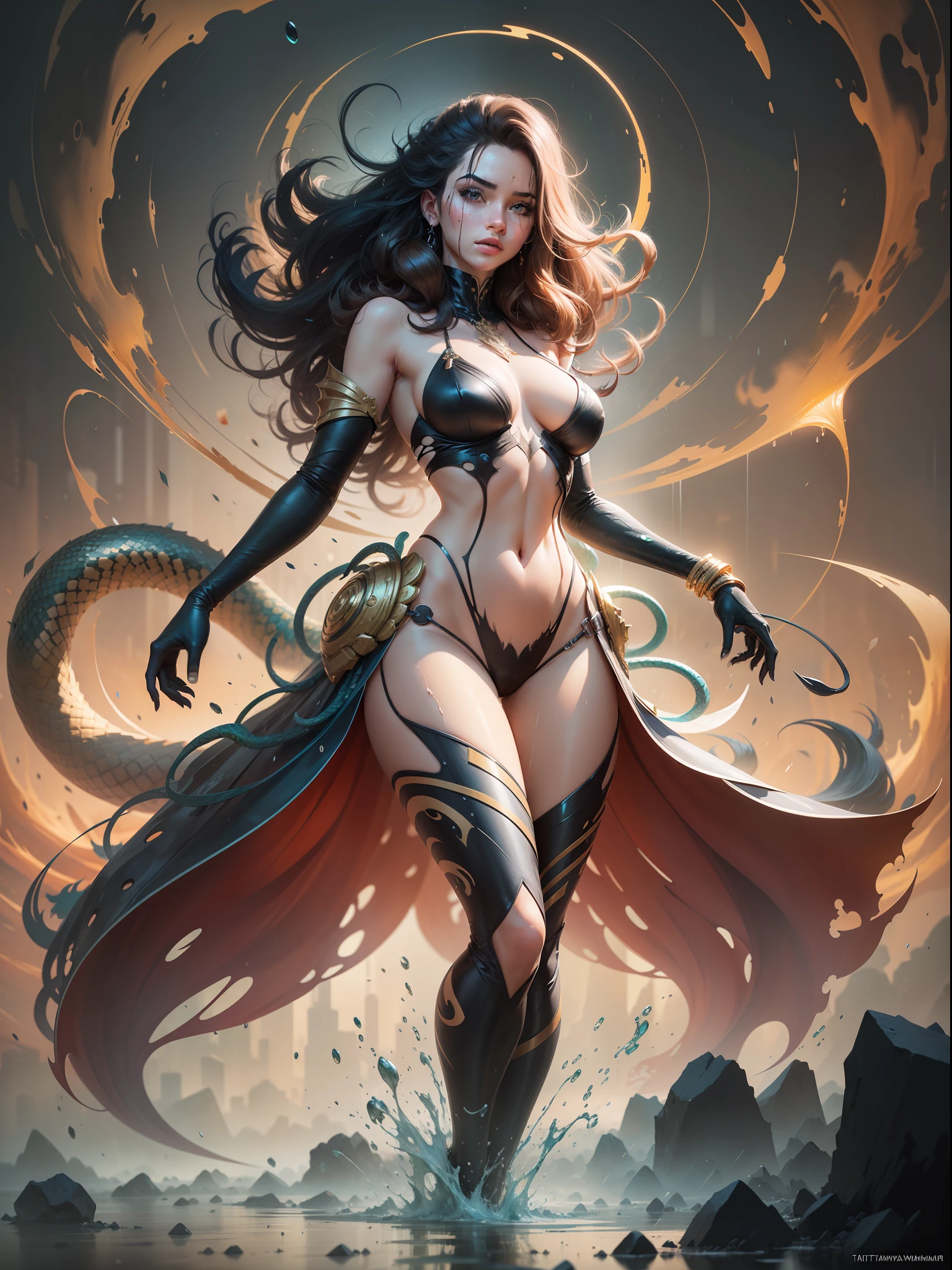 a full-body portrait of a serpent woman made of snake, in a lake, hair of thousands of small golden serpents, wet, natural body posture, rain, Art by Alberto Seveso, by Carne Griffiths, by Wadim Kashin, by jean baptiste monk, symmetrical, abstract art style, complex and intricate watercolor painting, sharp eyes, digital painting,  explosion of colors, concept art, volumetric lighting, TanvirTamim, metallic reflections, 2d rendering, 8k. by artgerm, trend in artstation