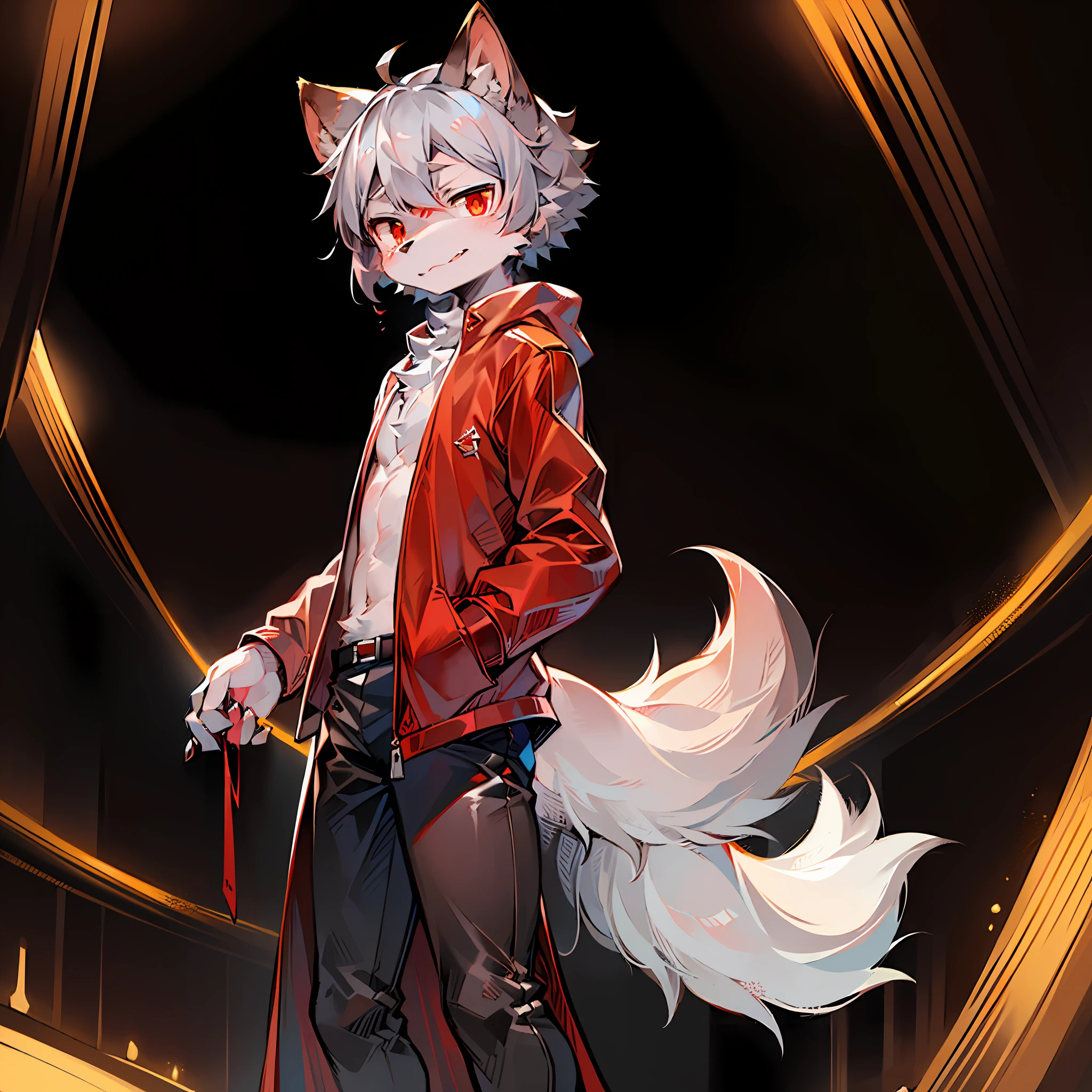 (Bright Environment: 0.8), Masterpiece, High Quality, Abstract )res,Digital Painting\(artwork\), by Dagasi, Yupa, Kiyosan, (Anthro, Fluffy Fur, Character Focus: 1.1), Anthro Male Cat, Short Hair, portrait , bright eyes, panorama, character focus. (detailed background: 0.7), solo, furry, furry male, male focus, anthr, (full body fur, fluffy tail, dark gray fur, red eyes, gray hair, a gray tail: 1.2), (long canine, wolf), (red jacket) (taller) (standing, arrogant expression)