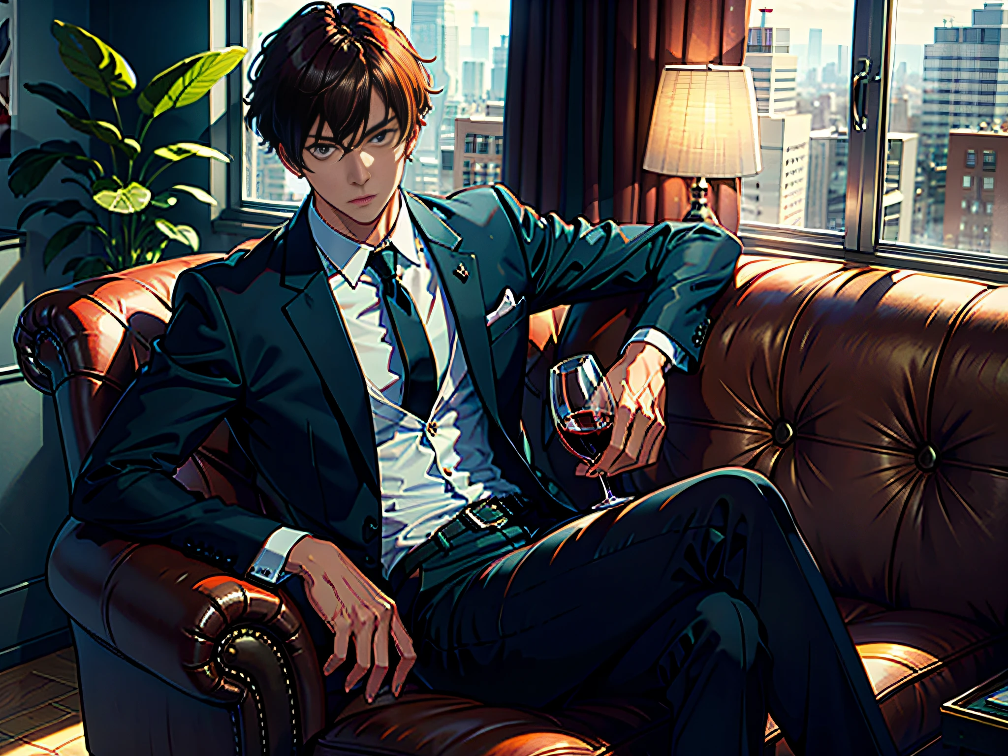 A handsome boy, sitting on a luxury sofa in the office, behind a floor-to-ceiling window, with a serious face, looking straight ahead, wearing a black suit and shirt, holding red wine in his hand