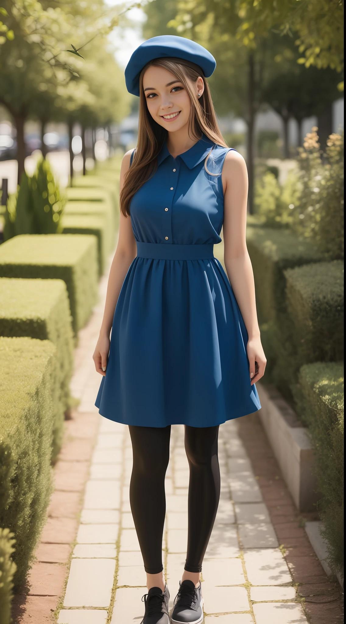 French Woman, 22 years old, wearing a sleeveless colourful dress, smiling, outside, garden, french female beret, leggings