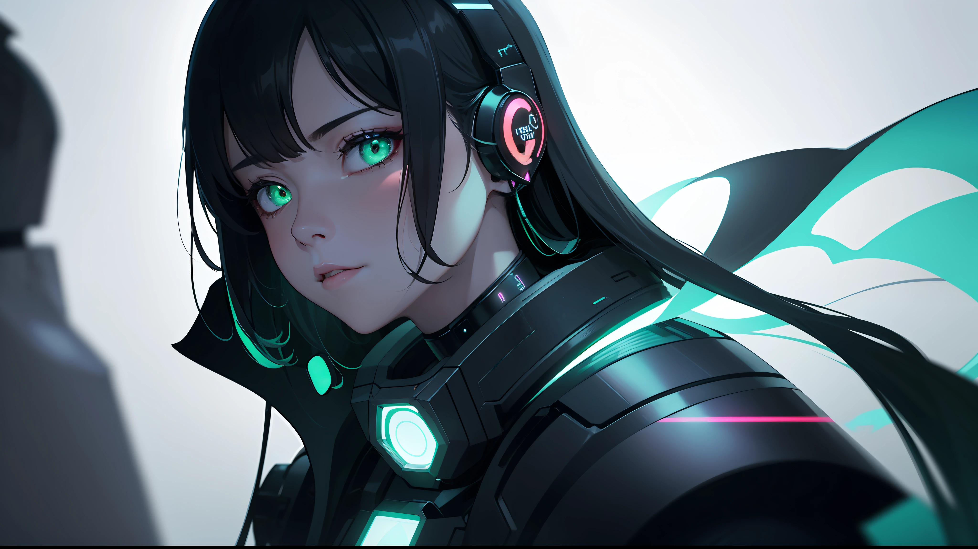 Woman with peace sense headset, closed eyes, beautiful face, RGB colors, bright purple hair, anime, bright background, banner for youtube video, happy girl, clouds with RGB colors, bright RGB colors.