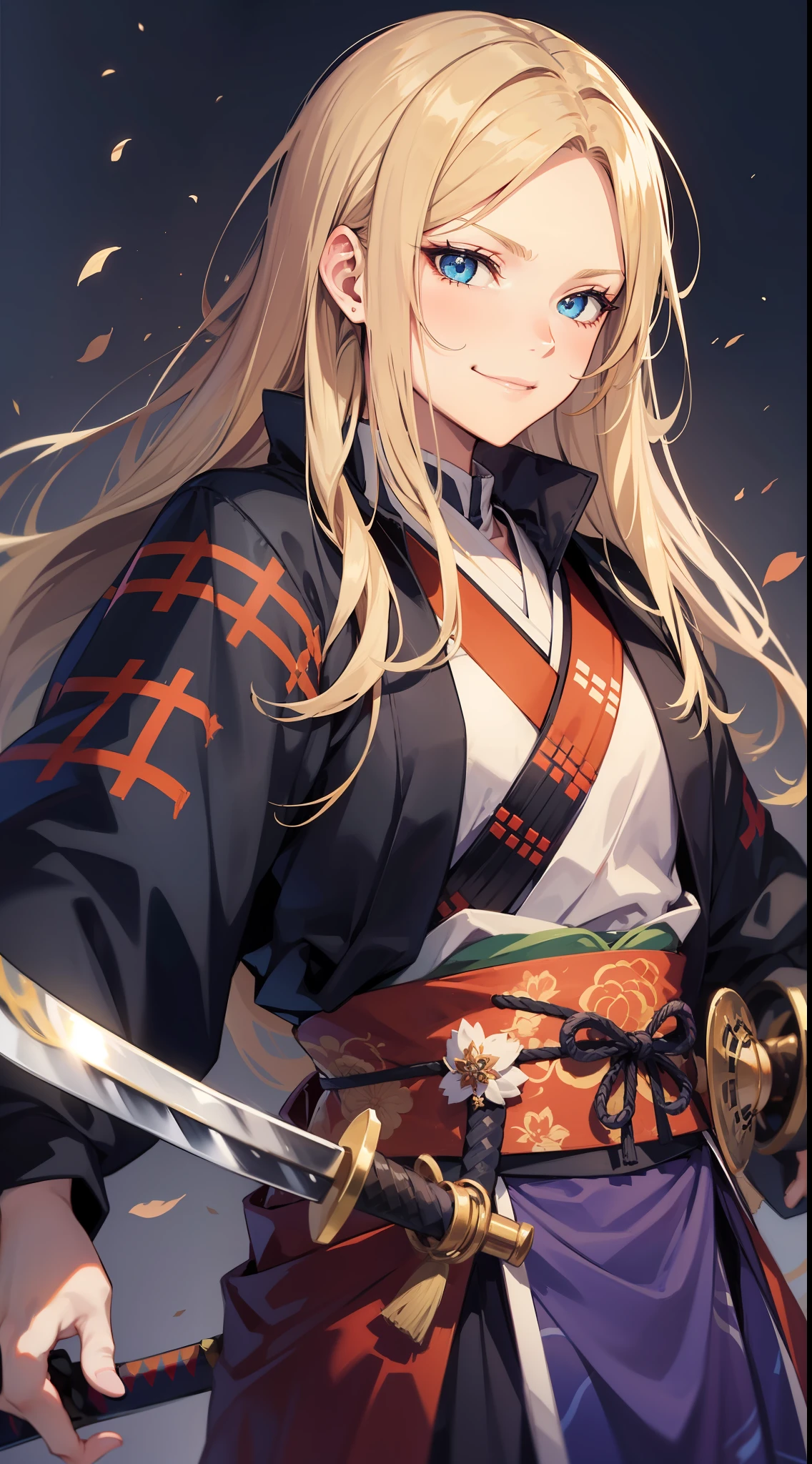 Tall guy, long blond hair, blue eyes, smirk, samurai clothes, sheathed katana, masterpiece, high quality