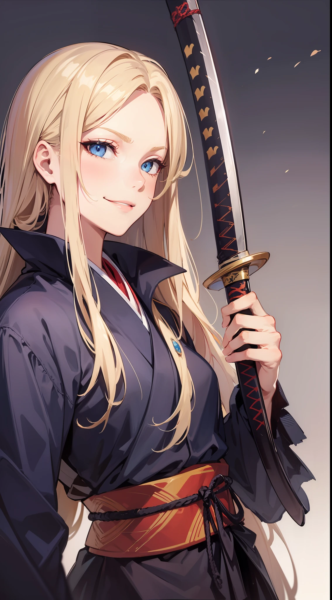 Tall guy, long blond hair, blue eyes, smirk, samurai clothes, sheathed katana, masterpiece, high quality