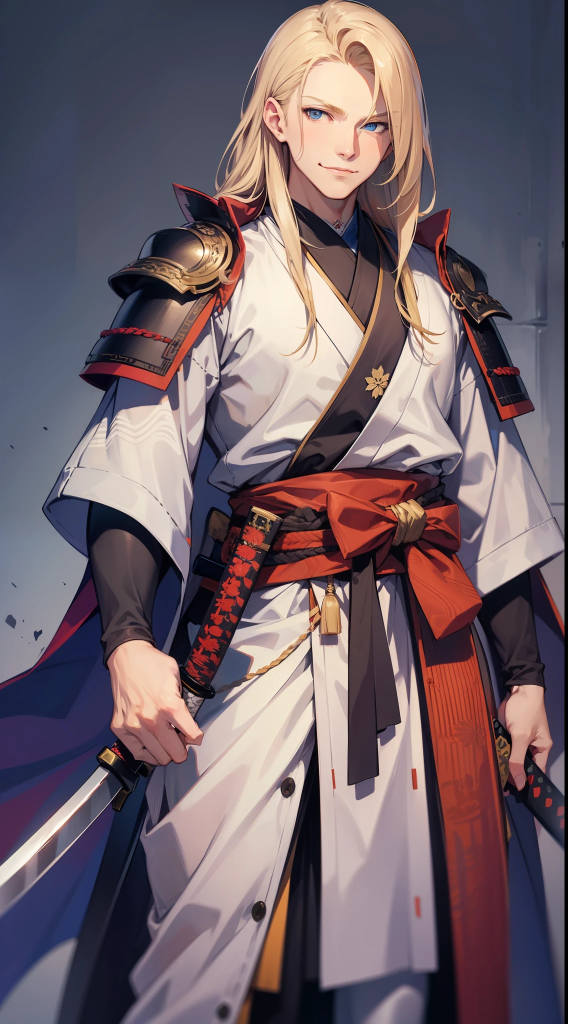 Tall guy, long blond hair, blue eyes, smirk, samurai clothes, sheathed katana, masterpiece, high quality