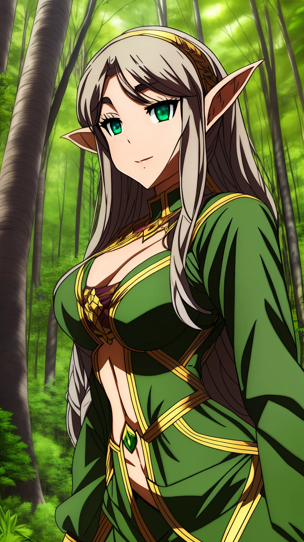 A beautiful elf woman in the middle of the forest. In anime style.