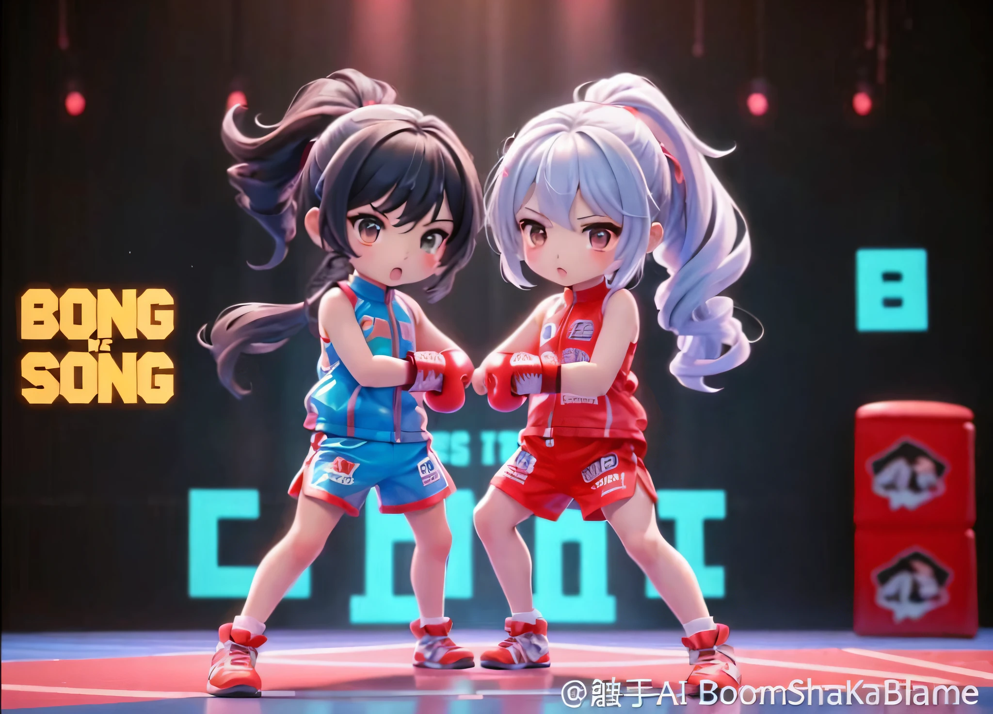 two anime girls are fighting in a boxing ring, style as nendoroid, official artwork, fighting stance, anime cgi style, boxing stance, trending on cgstation, nendoroid 3 d, chiho aoshima color scheme, official art, yoshitomo nara and aya takano, anime styled 3d, game cg, 8 k character details