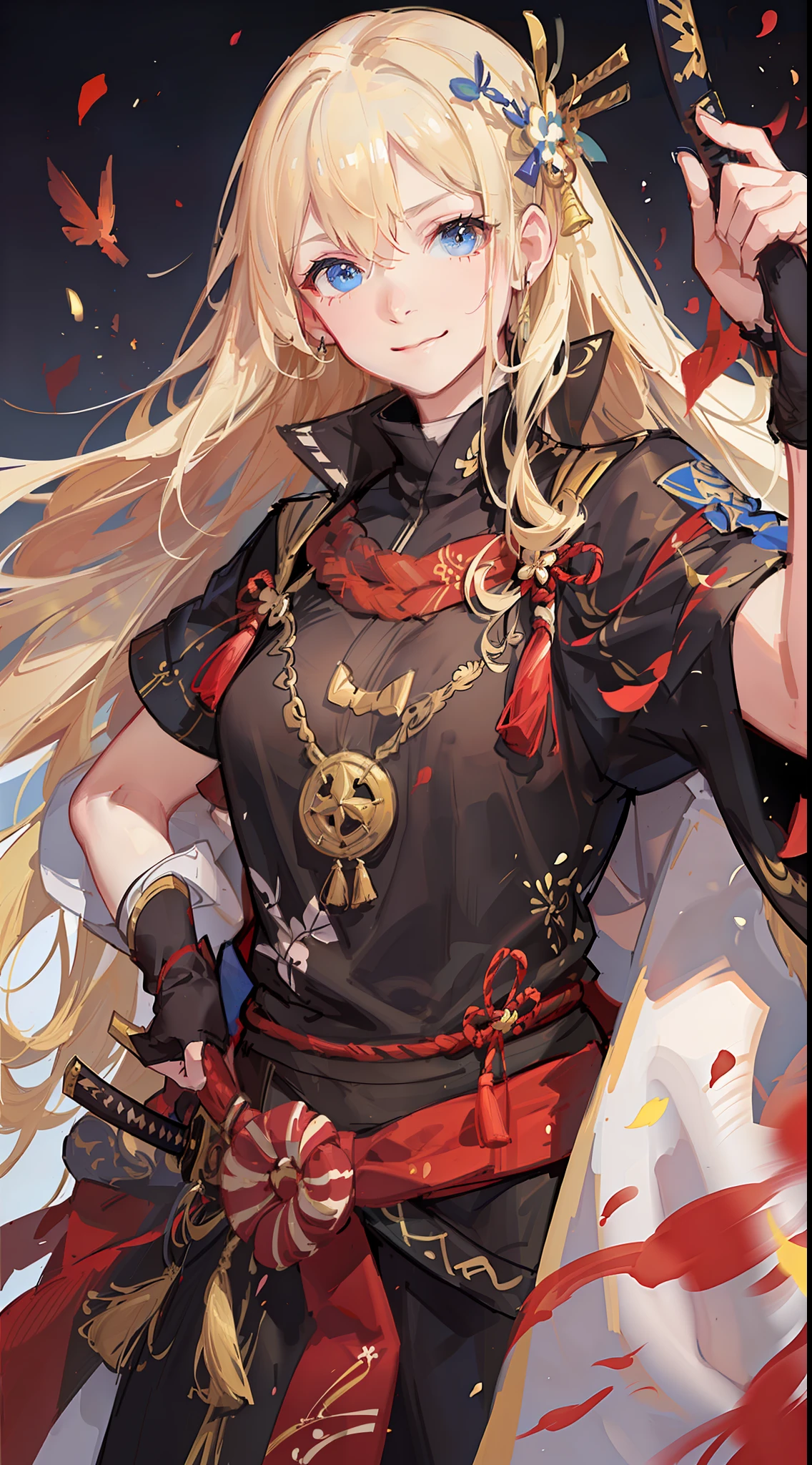 Tall guy, long blond hair, blue eyes, smirk, samurai clothes, sheathed katana, masterpiece, high quality