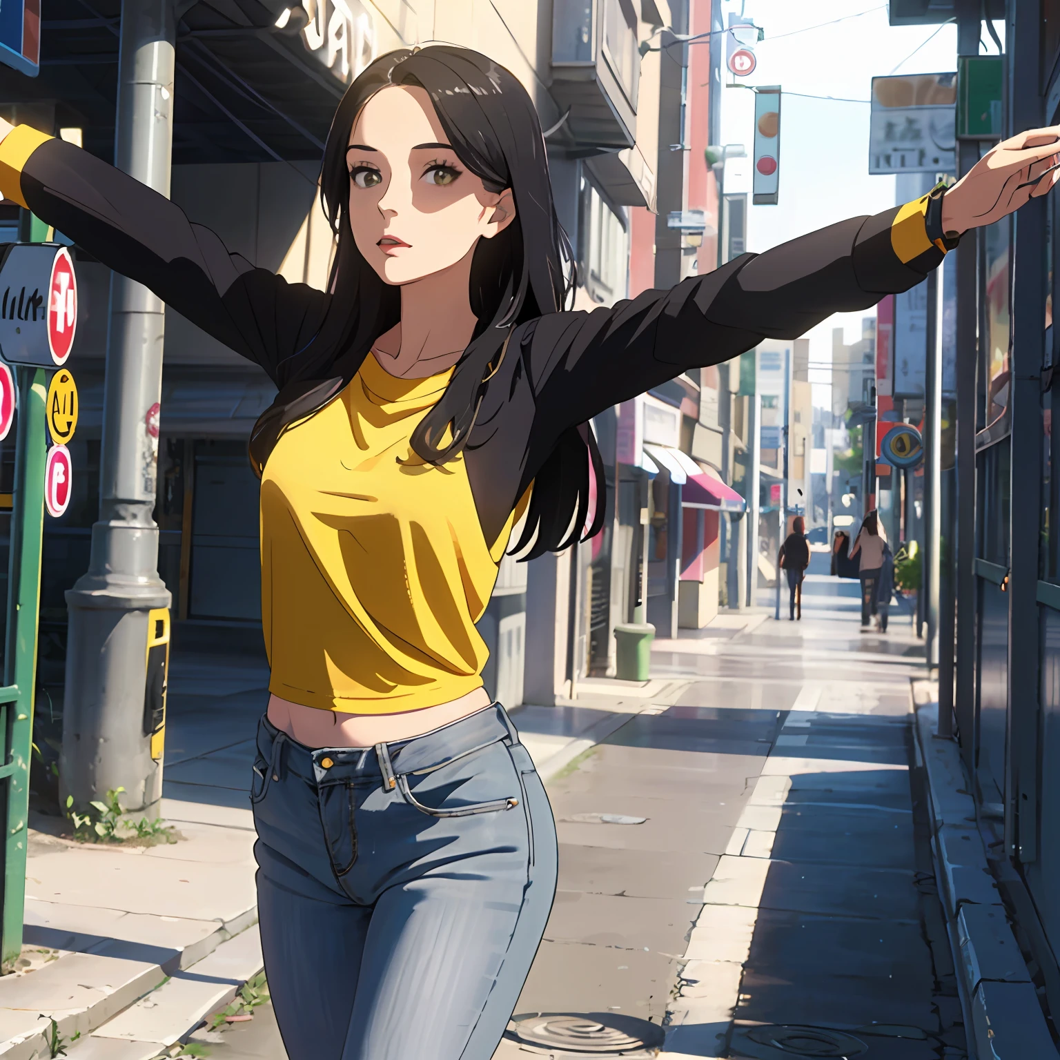 She commands attention with her striking image, black long hair, The girl's eyes sparkling bright red are like a mystery, attracting the eyes of others, ((bright yellow top stretches over her slender body)), Wearing blue jeans, she emphasizes her style and freedom, Her image combines uncommonness and confidence, she stands out from the crowd and paints the gray everyday life with her brightness and passion --auto