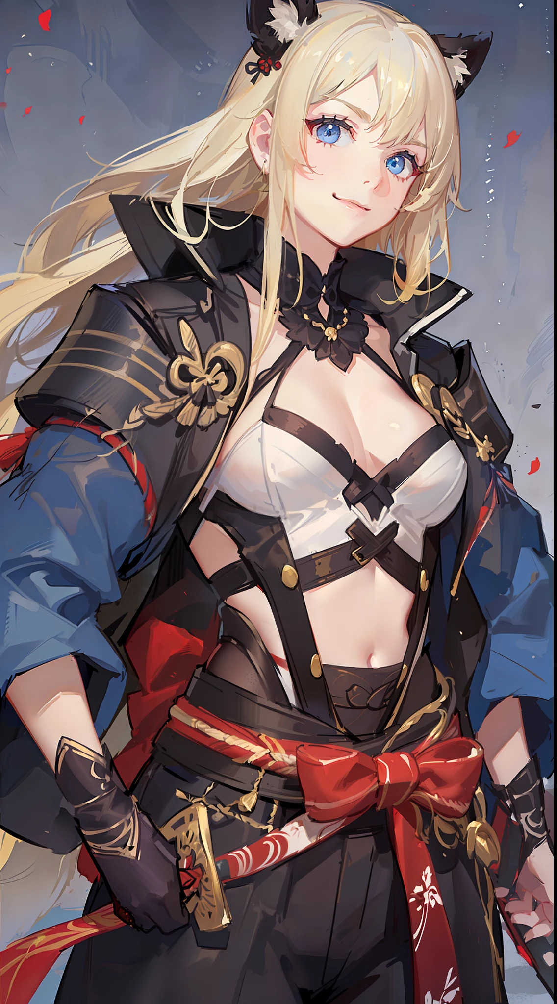 Tall guy, long blond hair, blue eyes, smirk, samurai clothes, sheathed katana, masterpiece, high quality
