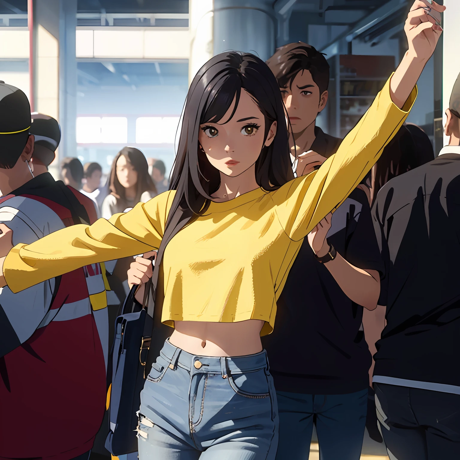 She commands attention with her striking image, black long hair, The girl's eyes sparkling bright red are like a mystery, attracting the eyes of others, ((bright yellow top stretches over her slender body)), Wearing blue jeans, she emphasizes her style and freedom, Her image combines uncommonness and confidence, she stands out from the crowd and paints the gray everyday life with her brightness and passion --auto