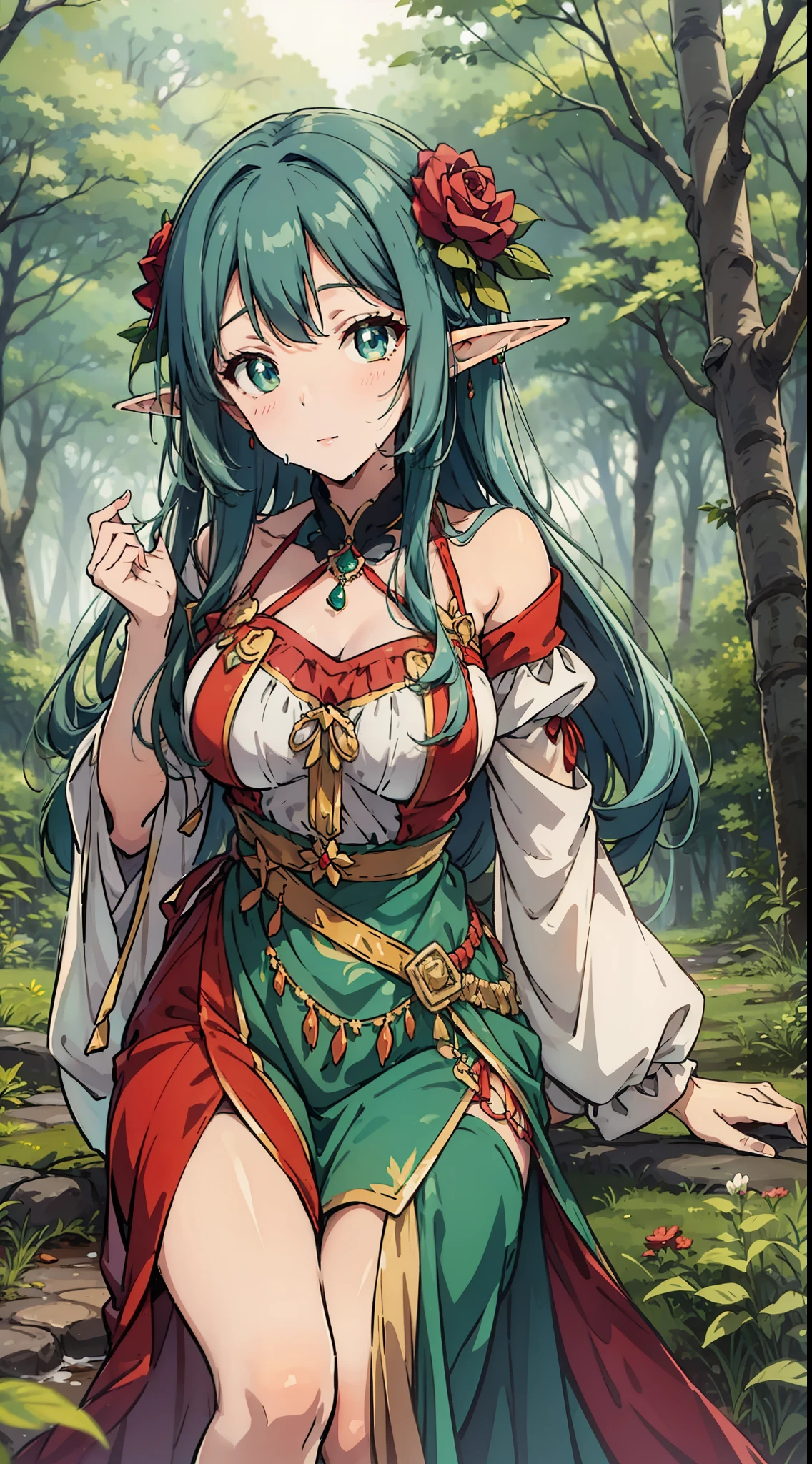 A beautiful elf woman in the middle of the forest on a rainy day. In anime style.