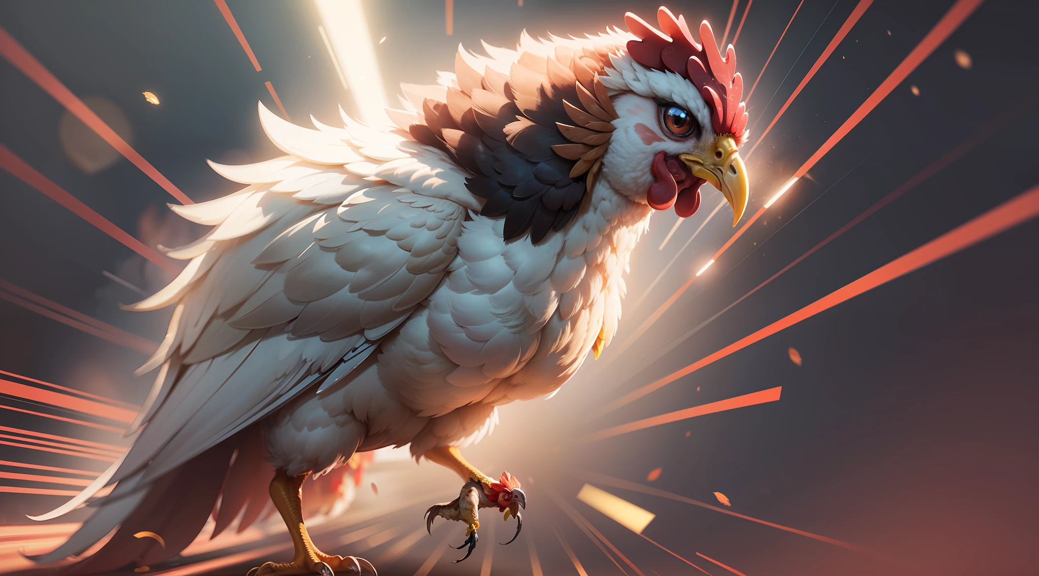 (RAW photo, best quality), (realistic, realistic photo: 1.3), extremely delicate and beautiful, amazing, masterpiece, best illustration, chicken, chicken, chicken anime, anime, anime chicken, colorful, happy chicken, powered anime chicken, chicken jumping, chicken jump, ray traced, ray, ray tracers, red lines, blue flares, sharp, anime style, anime wallpaper style, power, powerful, chicken with eyes shining, chicken flying,  Forte, anime 4k, red and yellow lines, tracers, power tracers.