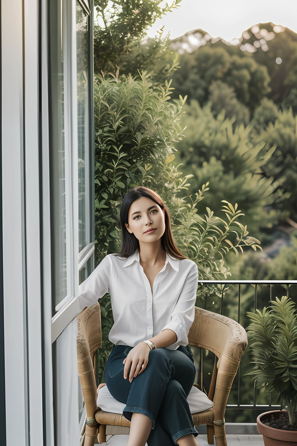 woman sitting in a chair on the balcony of a very beautiful country house,surrounded by bushes, with plantings in the background,high details, photography, dark studio, rim light, Nikon D850, 50mm, f/1.4 --auto --s2