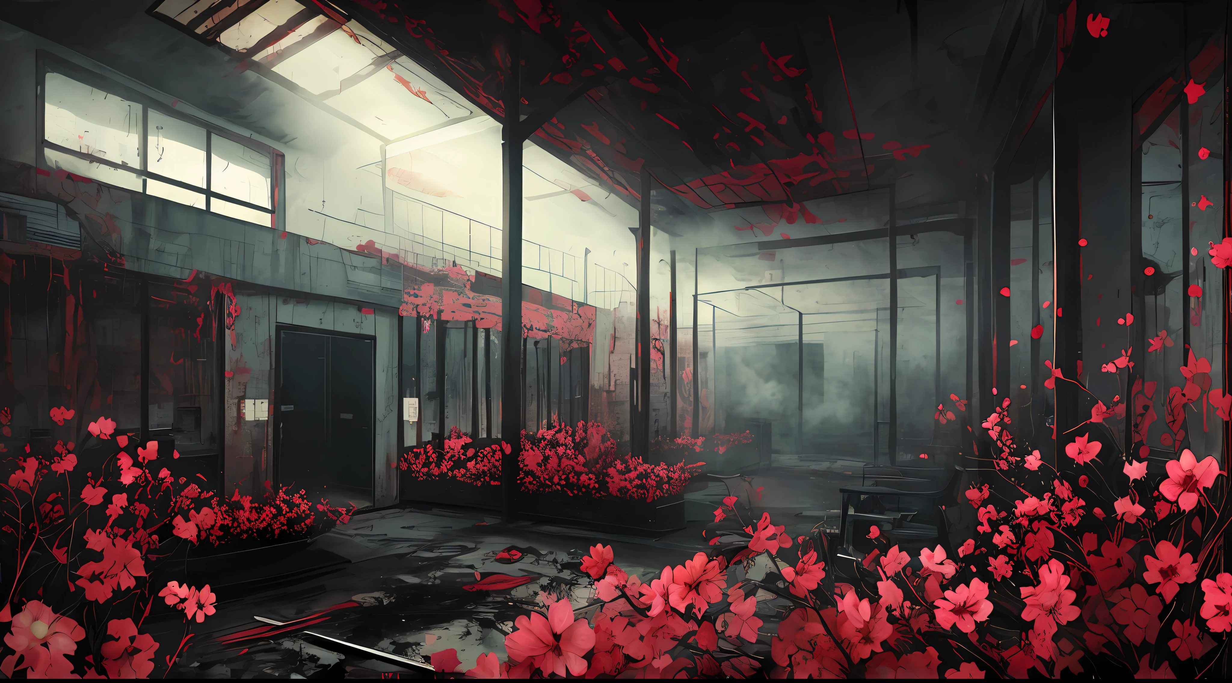 red and black, a horrific hospital interior, full of sakura flowers and lovecraftian tentacles, strong contrast, grunge dirty punk splash art, black metal zine, punk color splash background, surrounded by dark red mist and shadowy smoke, horror, dark mood, black and red colors
