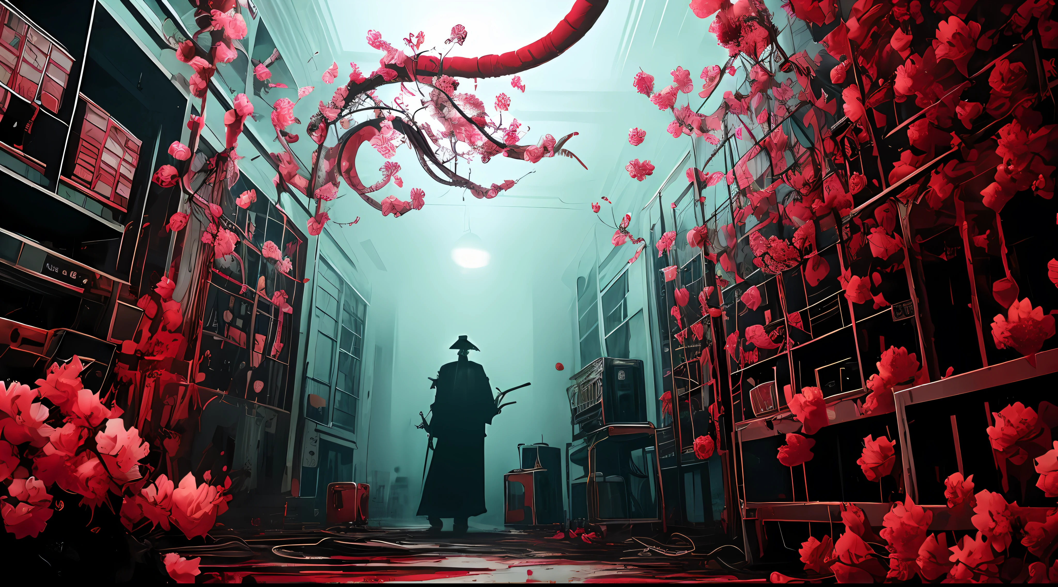red and black, a horrific hospital interior, full of sakura flowers and lovecraftian tentacles, strong contrast, grunge dirty punk splash art, black metal zine, punk color splash background, surrounded by dark red mist and shadowy smoke, horror, dark mood, black and red colors
