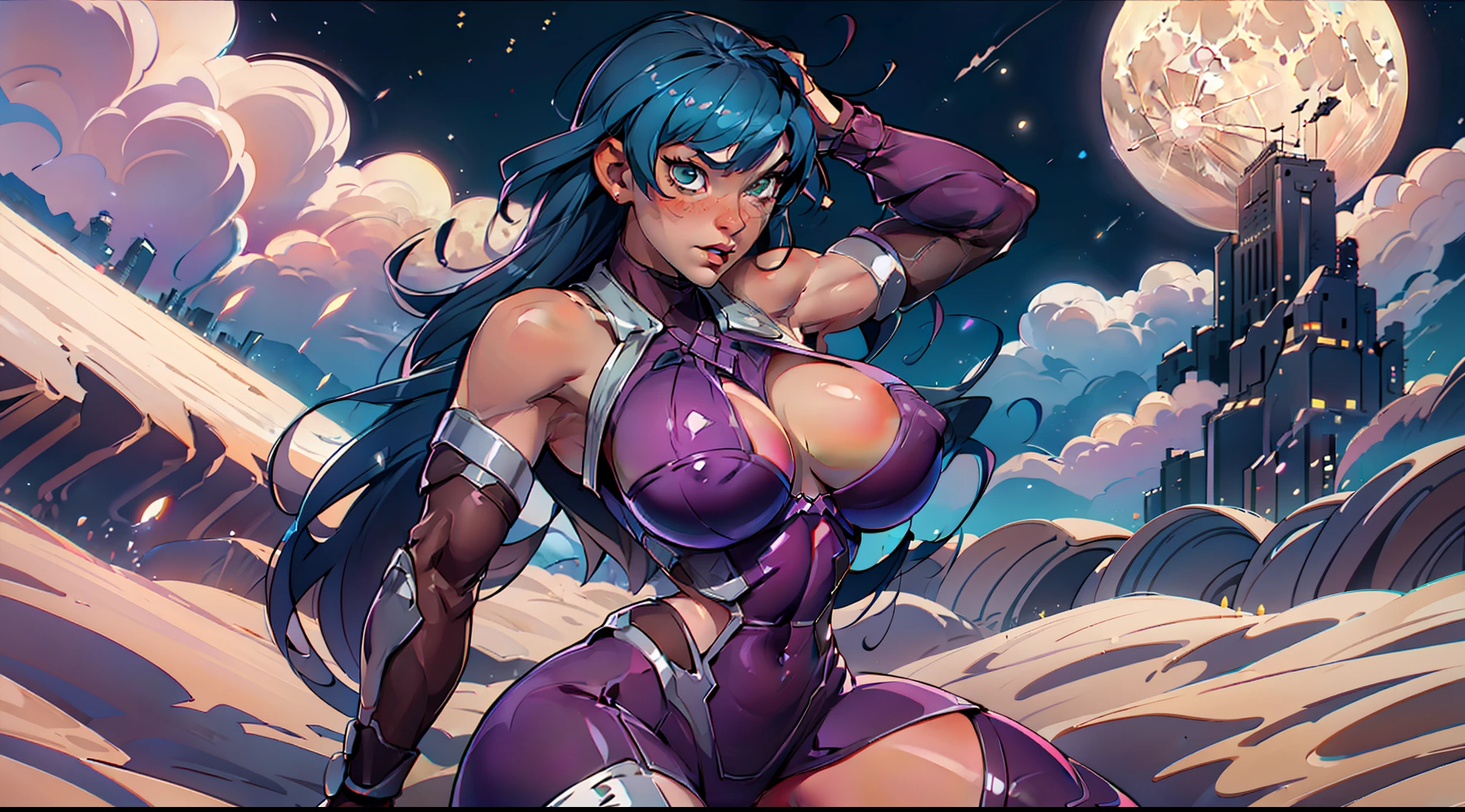1 girl, ig model, taimanin, ninja, igawa asagi, asagi, bodysuit, action pose, lewd face, sexy, cleavage, armpits, large breasts, wide hips, thick thighs, muscles, abs, realistic, ray traced, desert, sand, night, stars, moon, clouds