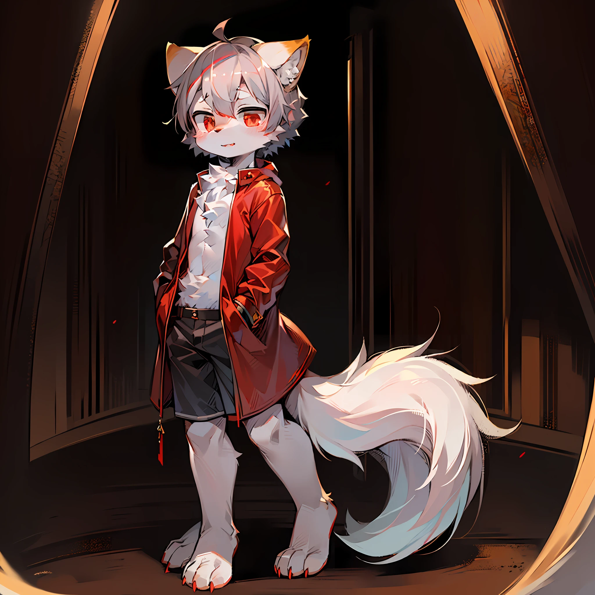 (Bright Environment: 0.8), Masterpiece, High Quality, Abstract )res,Digital Painting\(artwork\), by Dagasi, Yupa, Kiyosan, (Anthro, Fluffy Fur, Character Focus: 1.1), Anthro Male Cat, Short Hair, portrait , bright eyes, panorama, character focus. (detailed background: 0.7), solo, furry, furry male, male focus, anthr, (full body fur, fluffy tail, dark gray fur, red eyes, gray hair, only one gray tail: 1.2), (long canine, wolf), (red jacket) (taller) (standing, arrogant) (only one tail: 1.5)