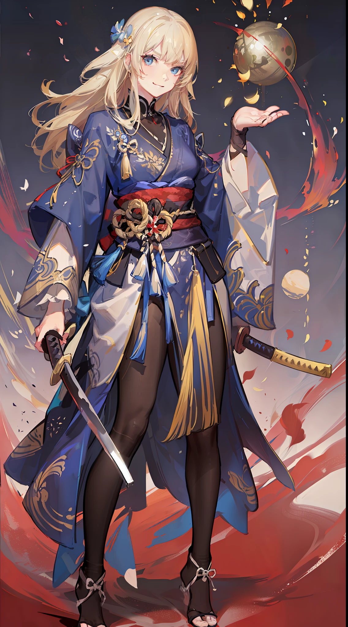 Tall guy, long blond hair, blue eyes, smirk, samurai clothes, sheathed katana, masterpiece, high quality