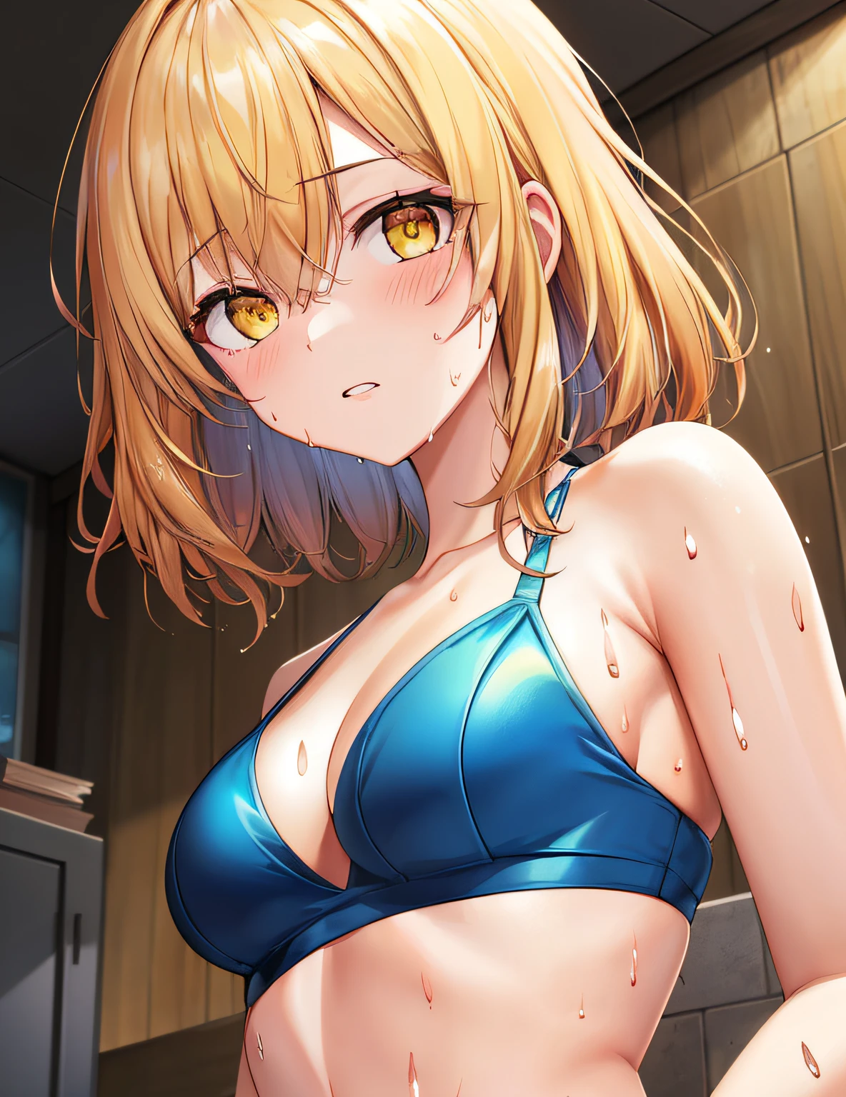 Model Shooting Style, (Masterpiece:1.3), (Absurdity:1.3), (Best Quality:1.3), (8K), (Masterpiece Digital Art), (Detailed Manga Illustration), (Handle Hair), Perfect Anatomy, (Complex Detail:1.3), (Super Detail:1.3), (Illustration:1.3), (Sharp Focus:1.3), (Vibrant Color:1.3), 1Girl, nsfw( R-18 expression),Solo, (Shorthair:1), Hair between the eyes, (Yellow hair), Yellow eyes, Floating hair,Afterglow,in,Sweat, Wet,White skin,Blushing cheeks,Clear white skin,Shining eyes, Medium breasts,Shiny hair,