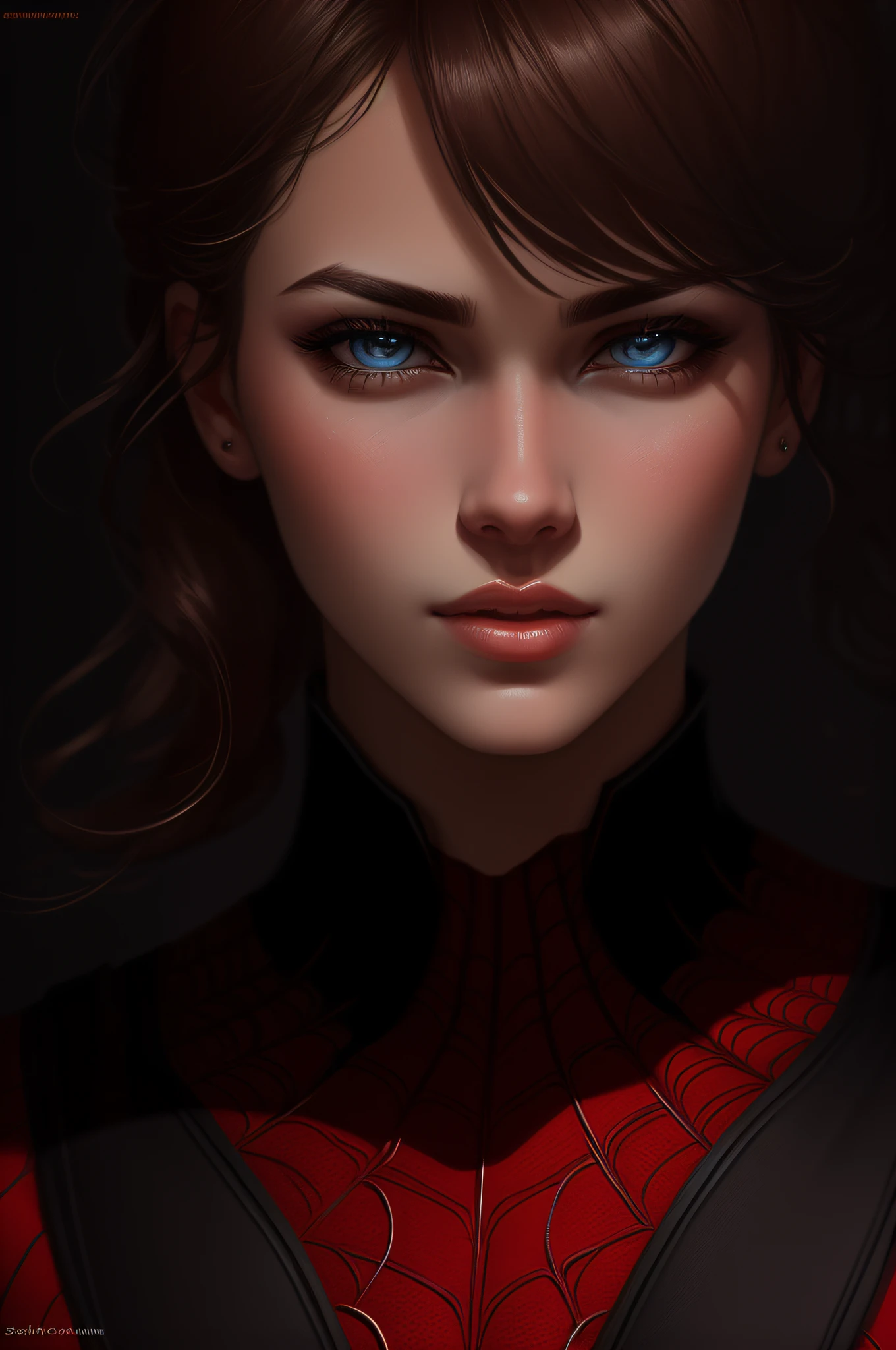 (Award Winning Digital Artwork:1.3) of (Sketch:1.3),(Energetic:1.3) Spidey, EmmaRob,CGSociety,ArtStation,(Saturated:1.3),(close portrait:1.3),(Feminine:1.4),(beautiful:1.4),(attractive:1.3),handsome,calendar pose,perfectly detailed eyes,studio lighting,thematic background