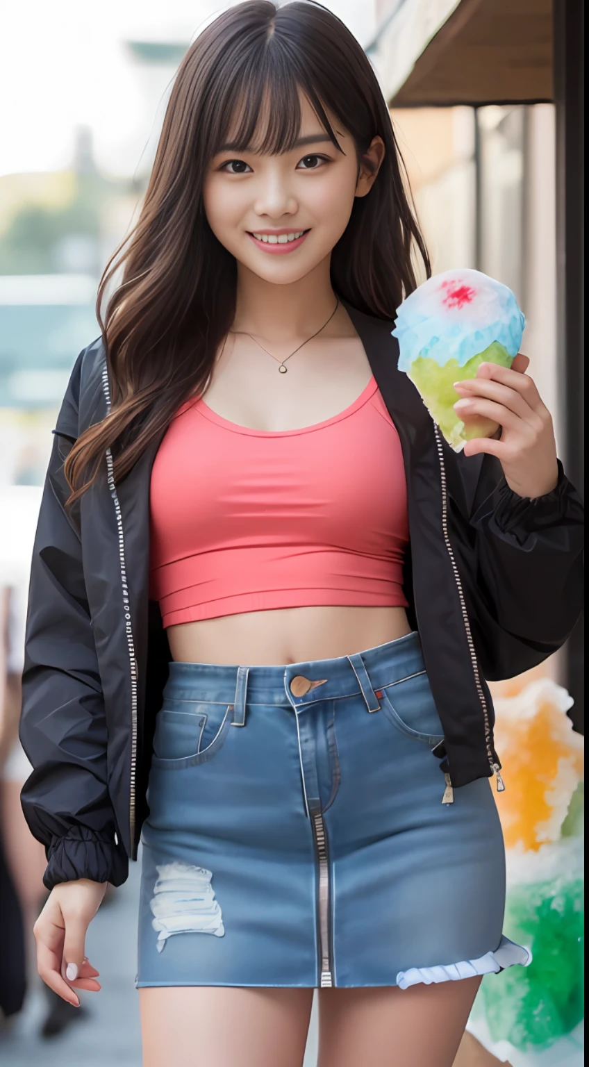 Round Face, (Summer Festival: 1.9), (Summer Festa: 1.9),Yashahime, Bikini, Flat Chest, Straight Long Hair, Bangs,(Look Away:0.7), (Makeup:-1),(Hand Shaved Ice:1.7), Neat Gal, (Short Height, Flat Chest:1.4), Camisole, Mesh (Tank Top:0.9), (Tube Top: 1.1), T-shirt, (Pleated Mini Skirt,Ruffles:1.2), Sneakers, Sandals, (Denim:0.9), (Shorts:0.9), Compression Shorts, (Track Jacket:1.1), (Windbreaker:1.1), (Jeans Jacket:1.1), (Unzip:1.2), Open Front, (Smile, Happy)