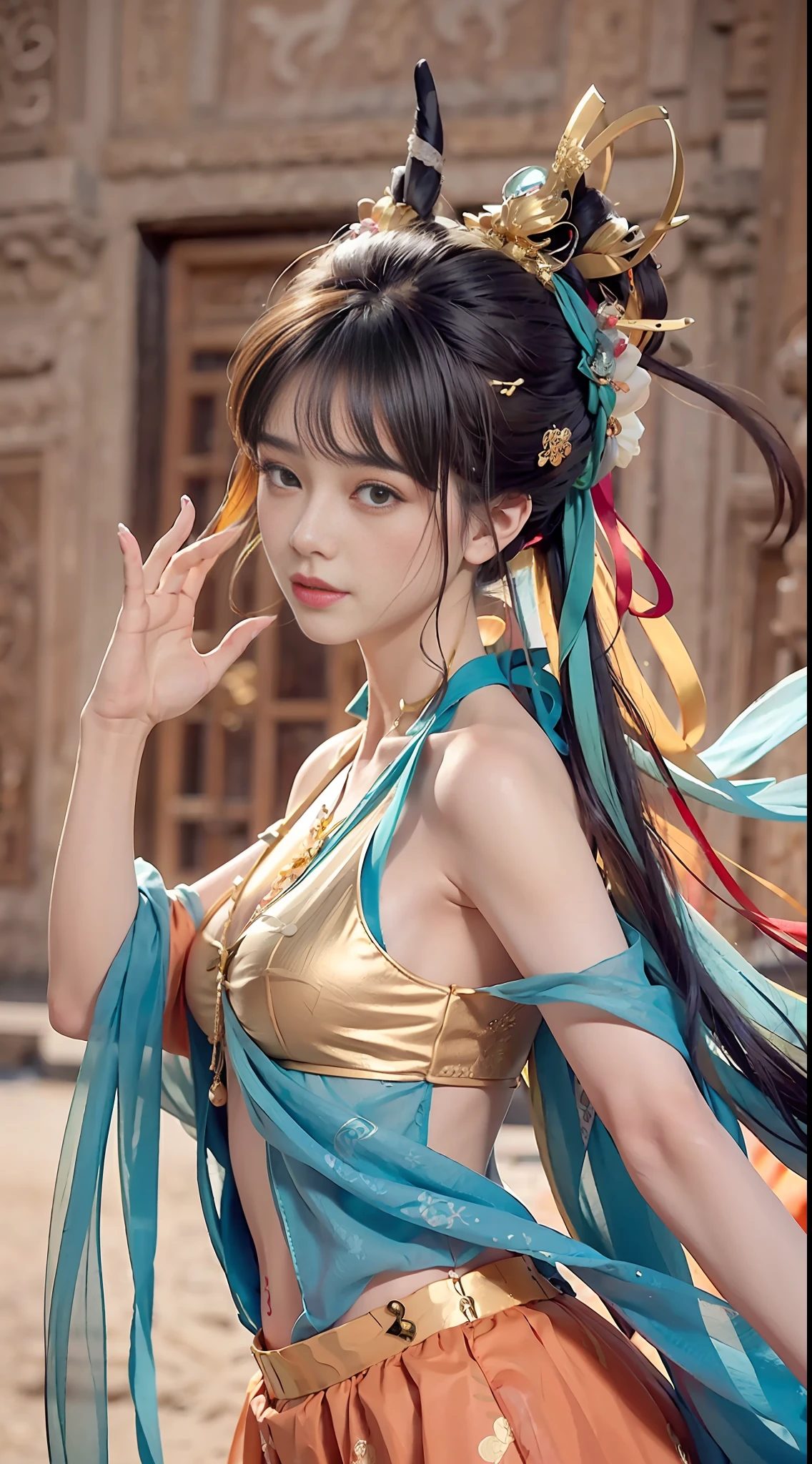 Bust photo, face close-up, face shot, a beautiful woman, messy hair, girly, symmetrical bun, hair accessories, jewelry, delicate face, (color halter neck clothes: 1.5, not leaking), (orange split lower skirt 1.7), (gold pattern: 1.5), crop top, Dunhuang style, lots of streamers, delicate skin, soft light effect, delicate and smooth hair, delicate details, eye highlights, fair skin, fine portrayal, extreme details, cinematic quality, thin, slender, broken, hair details, thin bangs, shawl hair, correct body, shadow, air bangs, 8K, super fine, fine fabric texture, soft, smooth, smooth texture, ((Dunhuang style))) ),