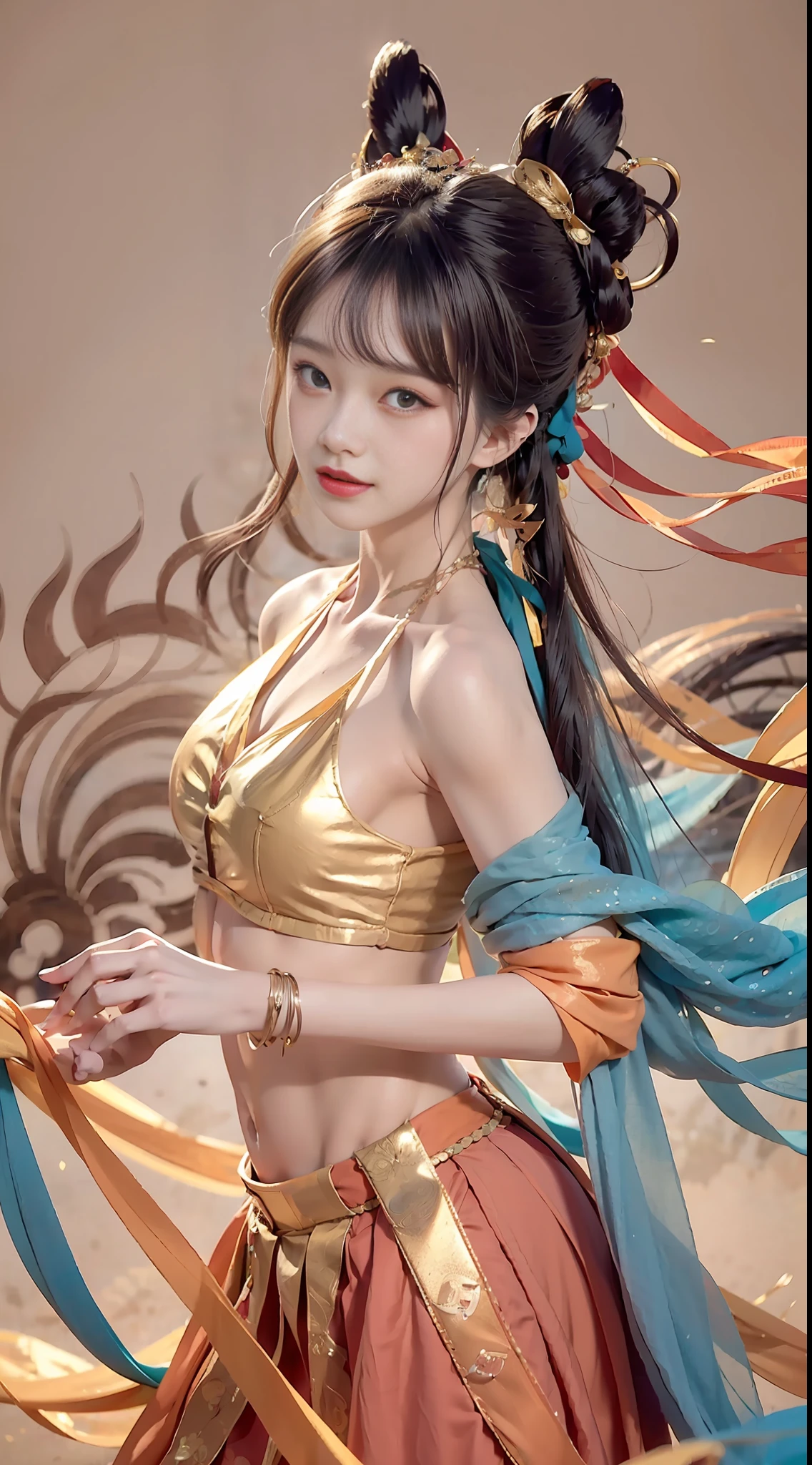 Bust photo, face close-up, face shot, a beautiful woman, messy hair, girly, symmetrical bun, hair accessories, jewelry, delicate face, (color halter neck clothes: 1.5, not leaking), (orange split lower skirt 1.7), (gold pattern: 1.5), crop top, Dunhuang style, lots of streamers, delicate skin, soft light effect, delicate and smooth hair, delicate details, eye highlights, fair skin, fine portrayal, extreme details, cinematic quality, thin, slender, broken, hair details, thin bangs, shawl hair, correct body, shadow, air bangs, 8K, super fine, fine fabric texture, soft, smooth, smooth texture, ((Dunhuang style))) ),