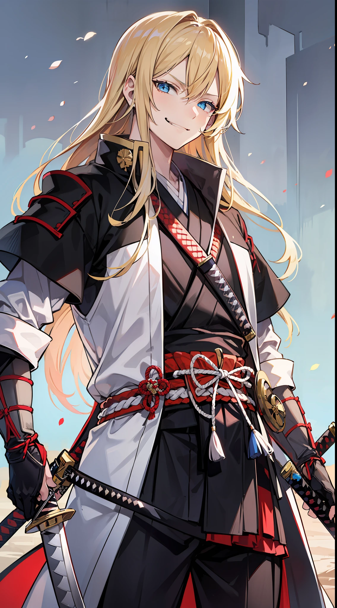Tall guy, long blond hair, blue eyes, smirk, samurai clothes, sheathed katana, masterpiece, high quality