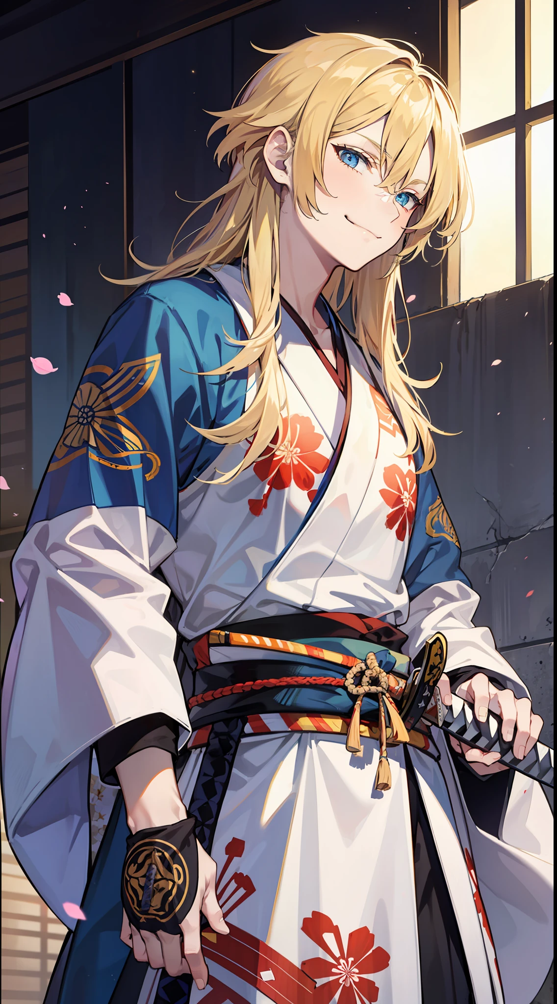 Tall guy, long blond hair, blue eyes, smirk, samurai clothes, sheathed katana, masterpiece, high quality