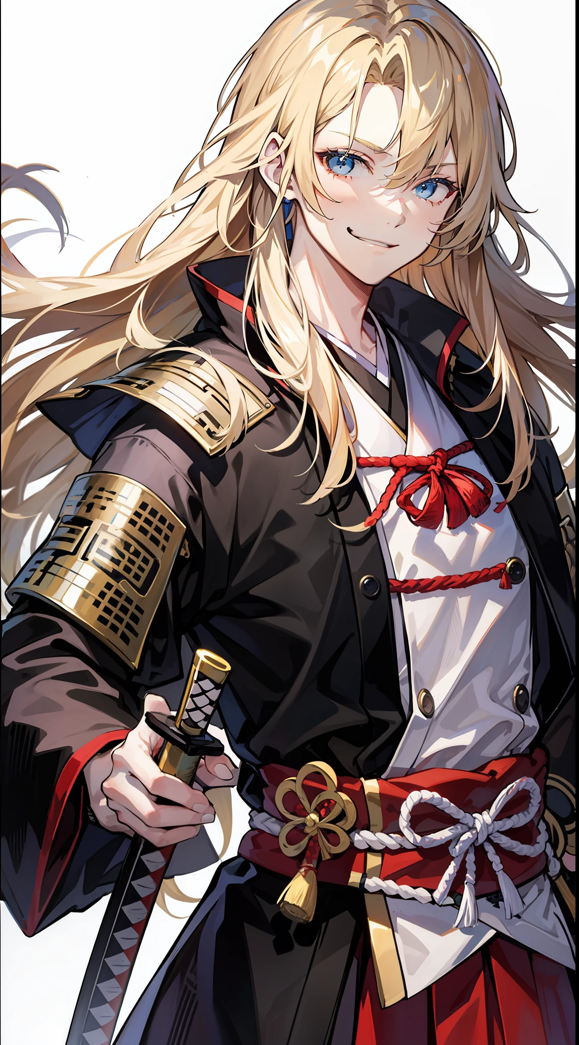 Tall guy, long blond hair, blue eyes, smirk, samurai clothes, sheathed katana, masterpiece, high quality
