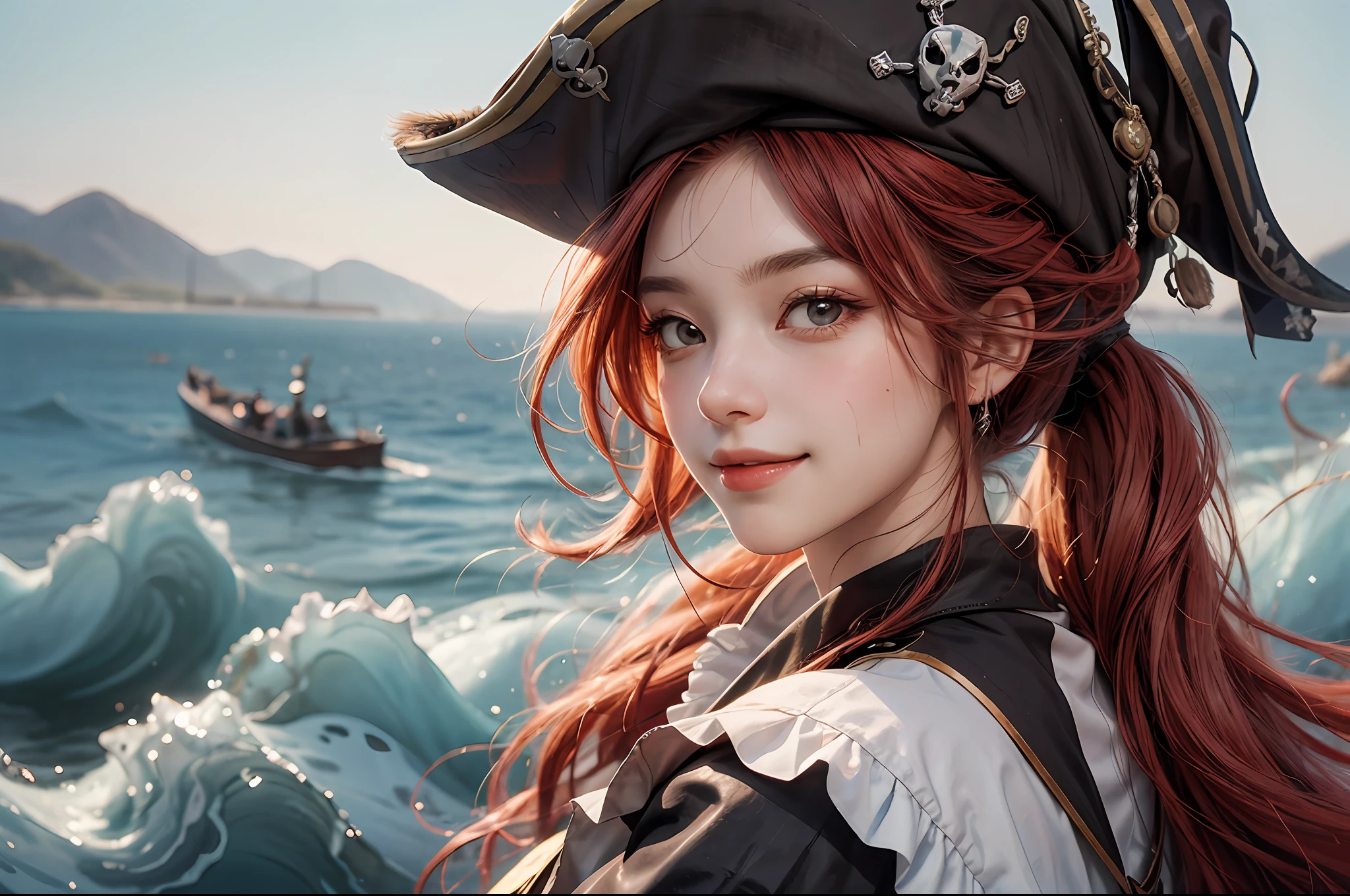 Houshou marine, wear a pirate hat, joyful, mischievous, close portrait, water color, oil painting, art, abstract, dreamy, fluffy, flower, ultra detailed, best quality, volumetric lighting, smiling eyes,((1girl)), (pony twin tail), vibrant, illustration, dynamic angle shot, seductive, red hair