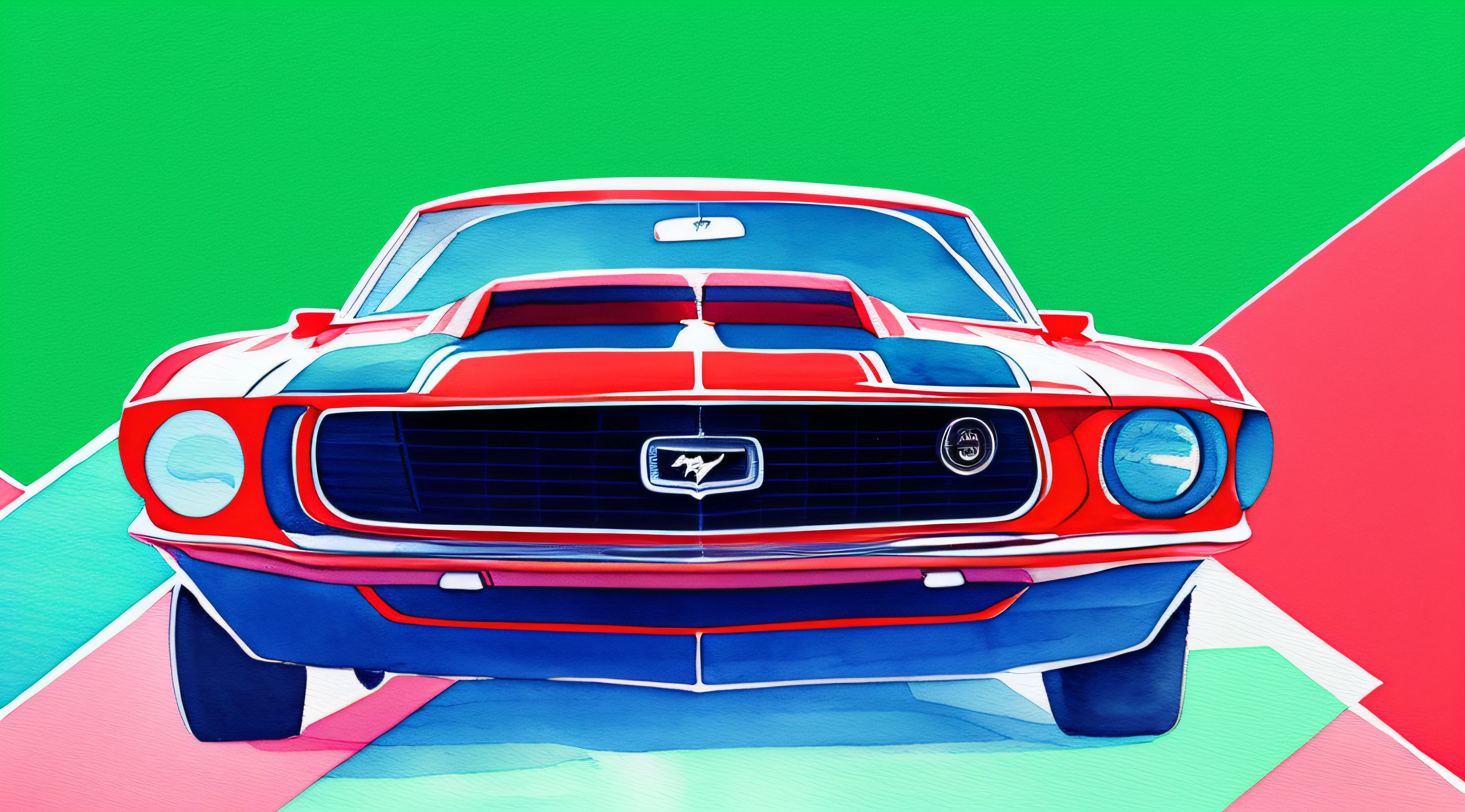 graphic design, flat design, 1968 ford mustang red shelby, drifting on the moon. watercolor splashes, highly detailed clean, photorealistic in frame, masterpiece, professional photography, realistic car, Watercolor abstract background, isometric, vibrant color vector --auto