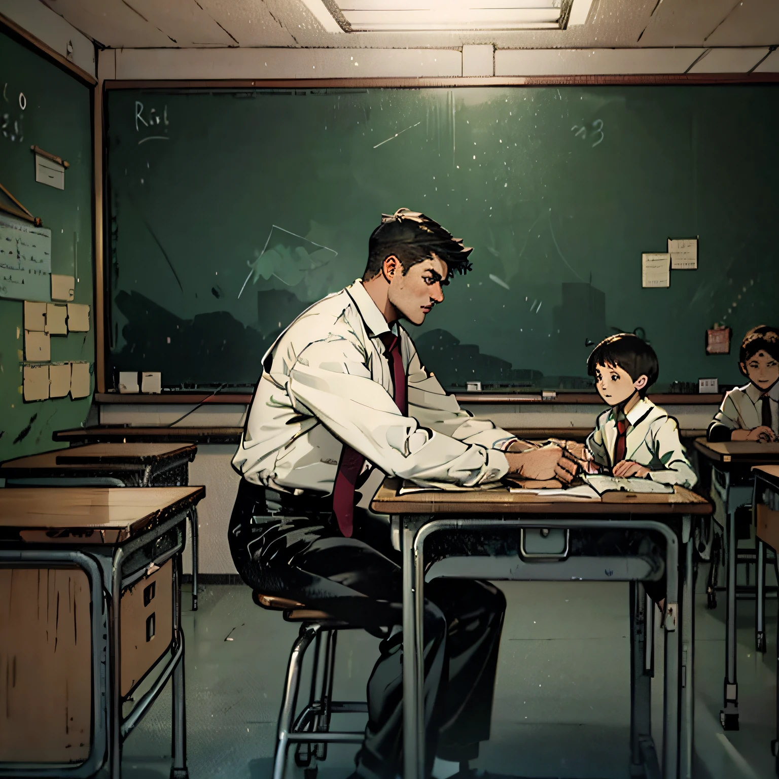 "The teacher enthusiastically explains Newton's first law to Alex and his classmates"
Description: The physics teacher is standing at the front of the classroom, enthusiastically explaining Newton's first law to Alex and his classmates. The teacher is portrayed as an authoritarian-looking person, wearing a teacher's suit or lab coat. He is gesturing and making hand gestures to emphasize his points while explaining the law of physics. On the blackboard or blackboard, there may be diagrams or formulas related to Newton's first law, helping in understanding the explanation. Students are sitting at their desks, paying attention to the teacher, some with expressions of interest or curiosity on their faces.
When creating the image, focus on the teacher conveying enthusiasm and energy when explaining Newton's first law. Be sure to depict visual elements that help you understand the explanation, such as diagrams or formulas related to the law. Alex's classmates should be portrayed as attentive students, showing interest in the class. --auto