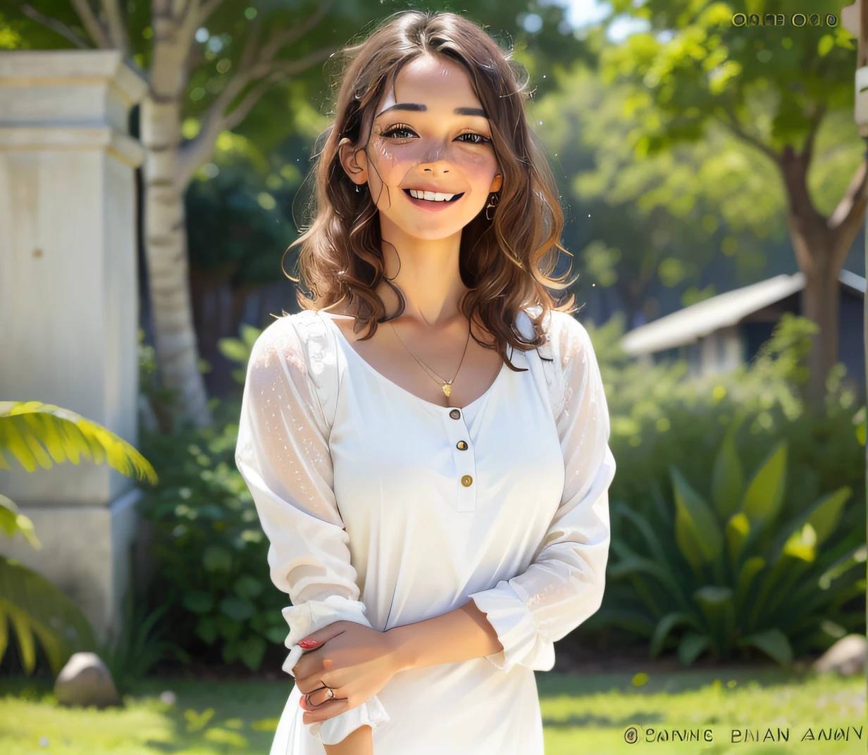 A beautiful and smiling Brazilian woman, with charming freckles, wearing an elegant cream dress.