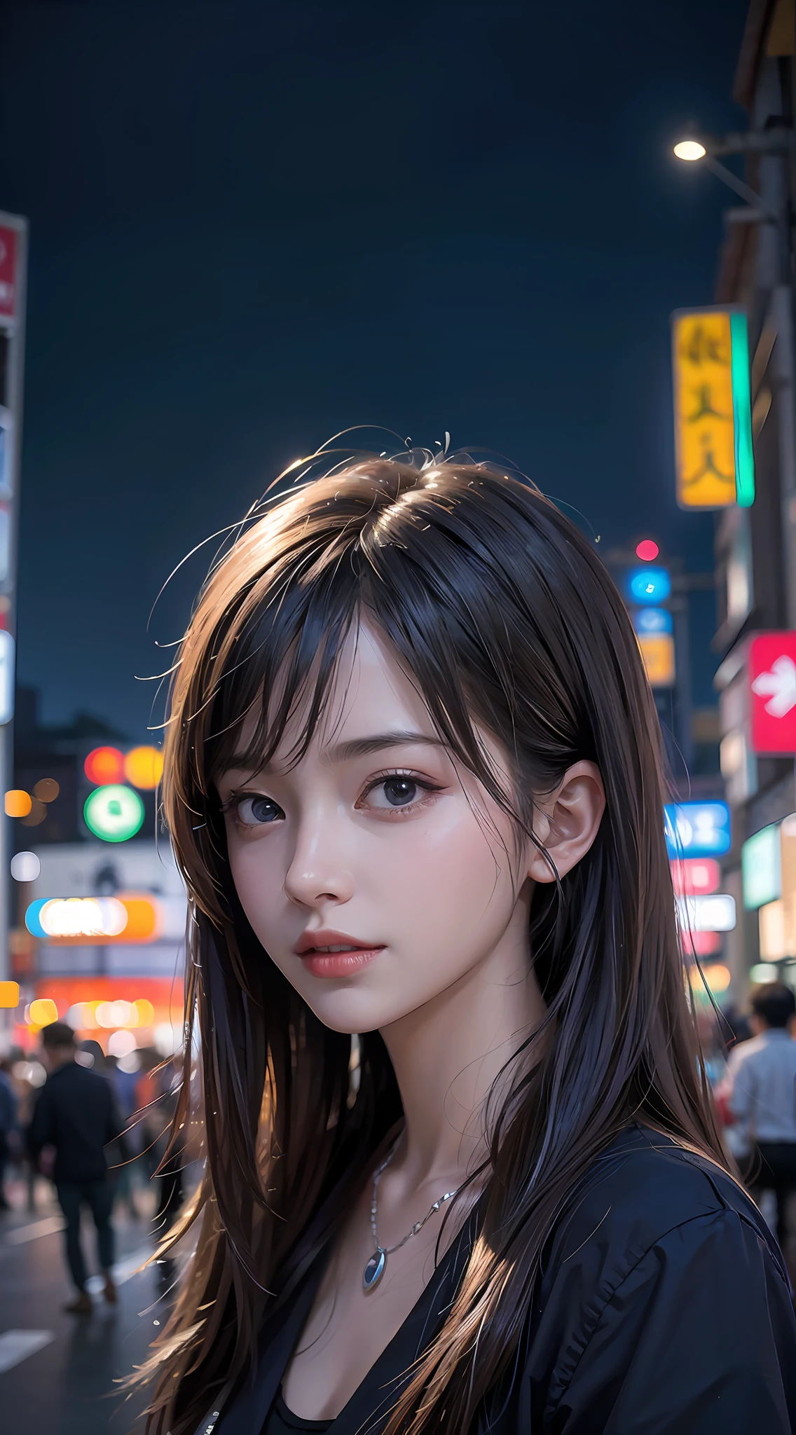 A stunning masterpiece: 1girl, Tokyo street, night, surrounded by the captivating cityscape and city lights. The upper body close-up showcases the realism and photo-realistic quality of this RAW photo in 8k, providing the best quality for your viewing pleasure, mouth close, smirk