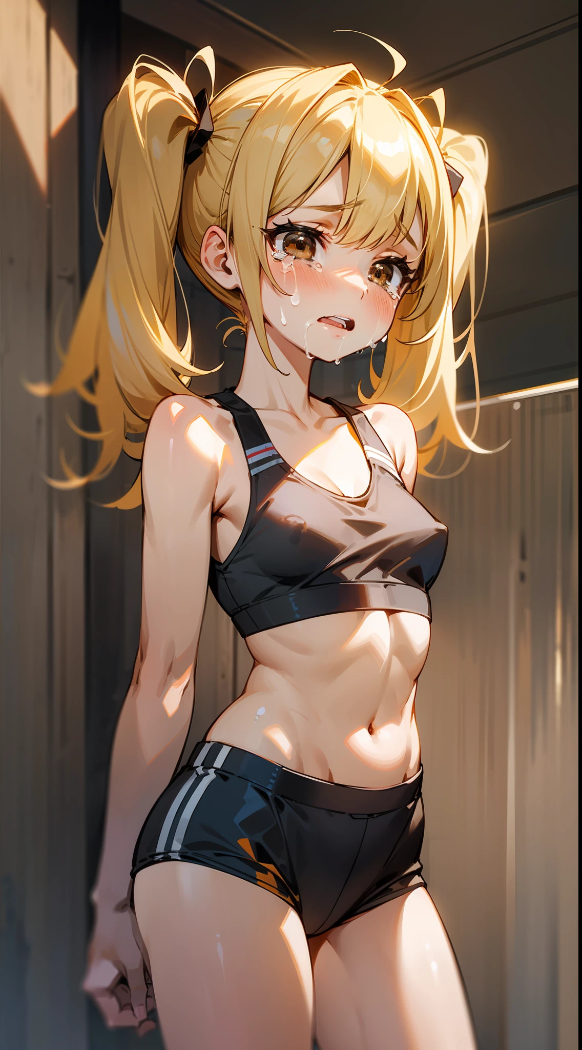 Fair skin, blonde, little girl, loli, small, sports bra, standing, crying face, twin tails, brown eyes