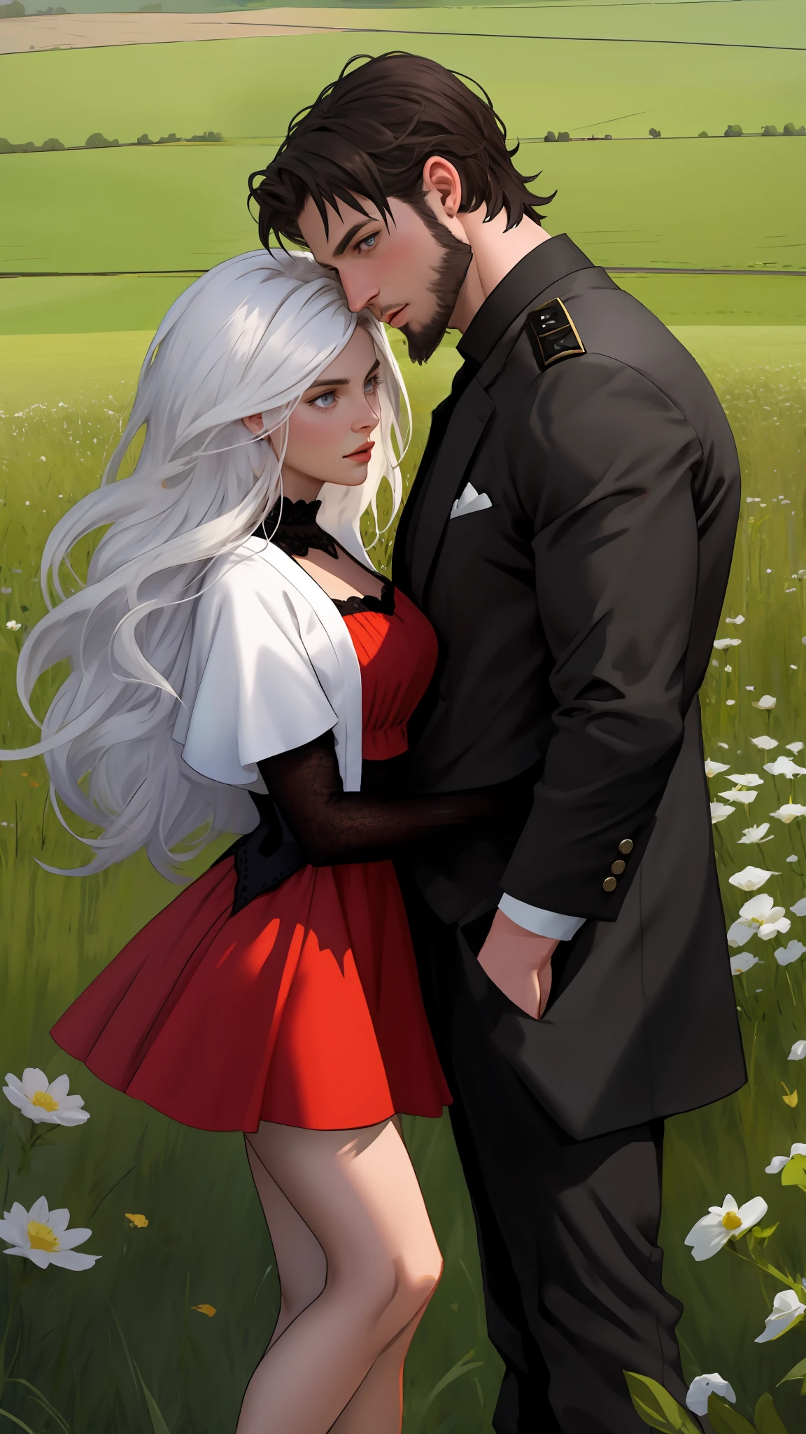 There is a muscular man with short hair and black beards and a woman with long white hair to the side looking at each other in a field, ! movie scene, inspired by Allan Linder, imvu, secondlife, tumblr, full body close-up, by Brigette Barrager, inspired by Kurt Roesch, full body shot closeup, close up half body shot, olivia, cgsocietywlop (8k) realistic, realistic,