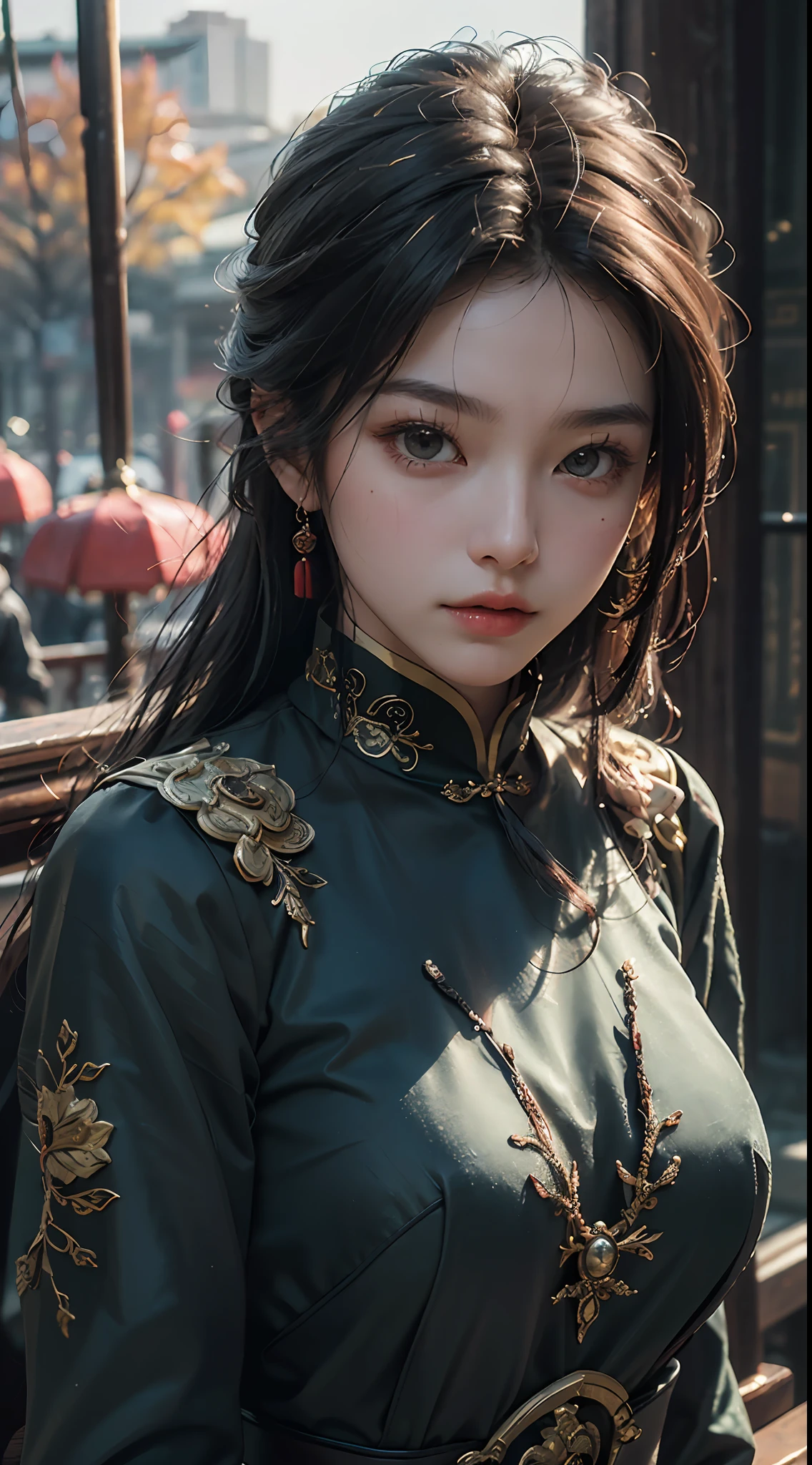 Best quality, (RAW photos: 1.2), (Masterpiece: 1.4), (Realistic: 1.4), (High resolution: 1.4), Chinese actress Gulinazha, depth of field, intricate details, 8k, very detailed, perfect lighting, epic background, big bust 1.3, black tang costume